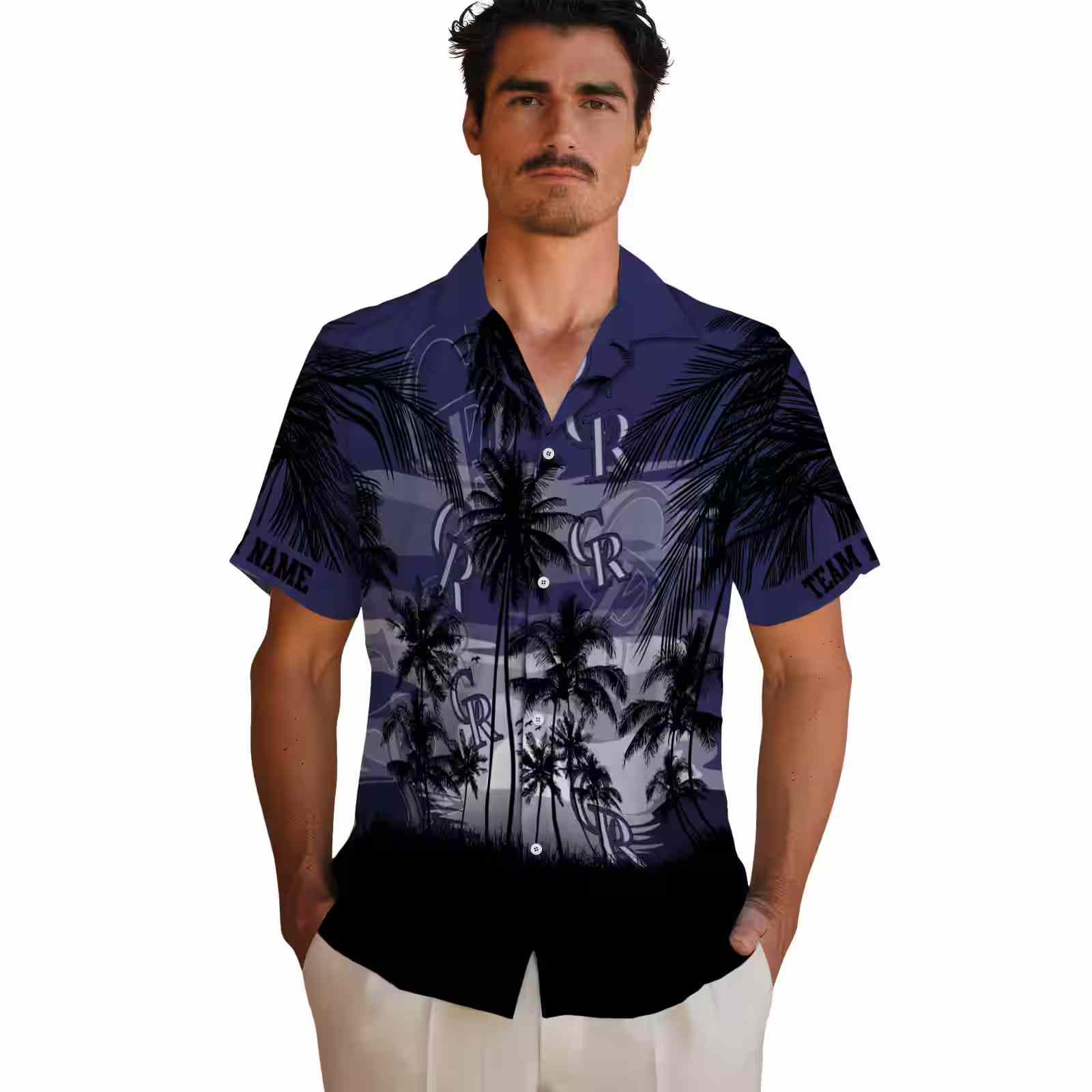 custom colorado rockies sunset scene blue black hawaiian shirt fashion forward