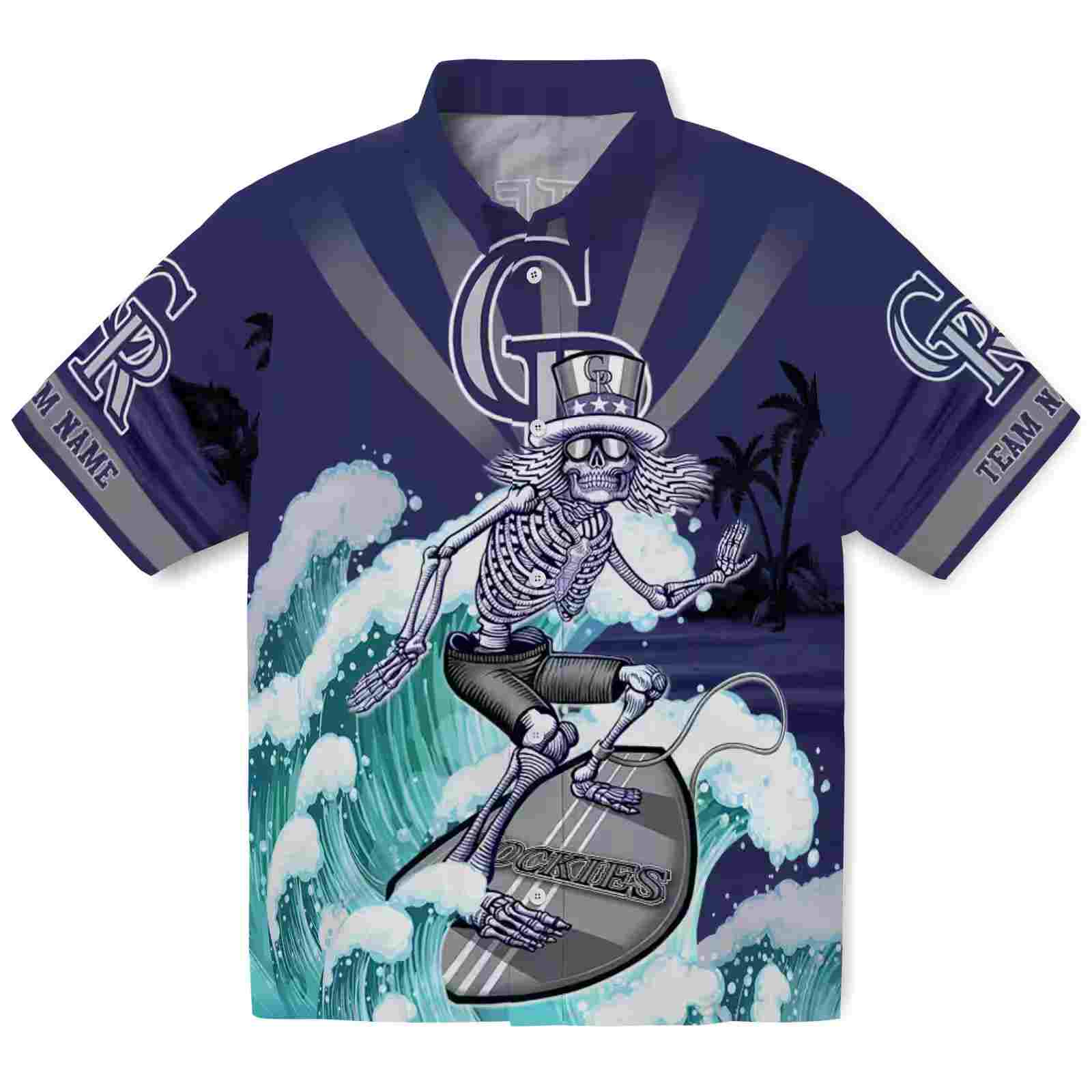 Custom Colorado Rockies Surfing Skeleton Blue Hawaiian Shirt