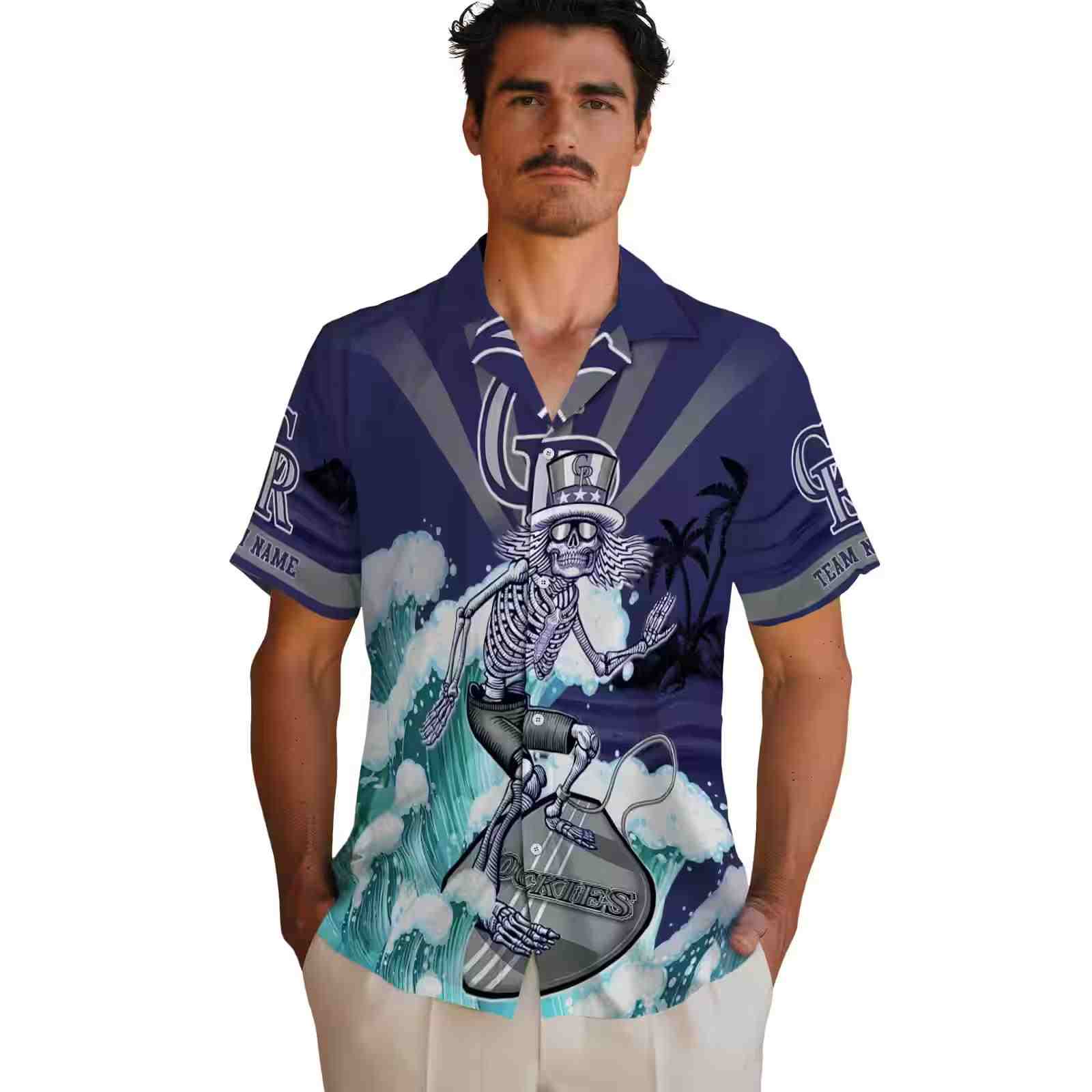 custom colorado rockies surfing skeleton blue hawaiian shirt fashion forward