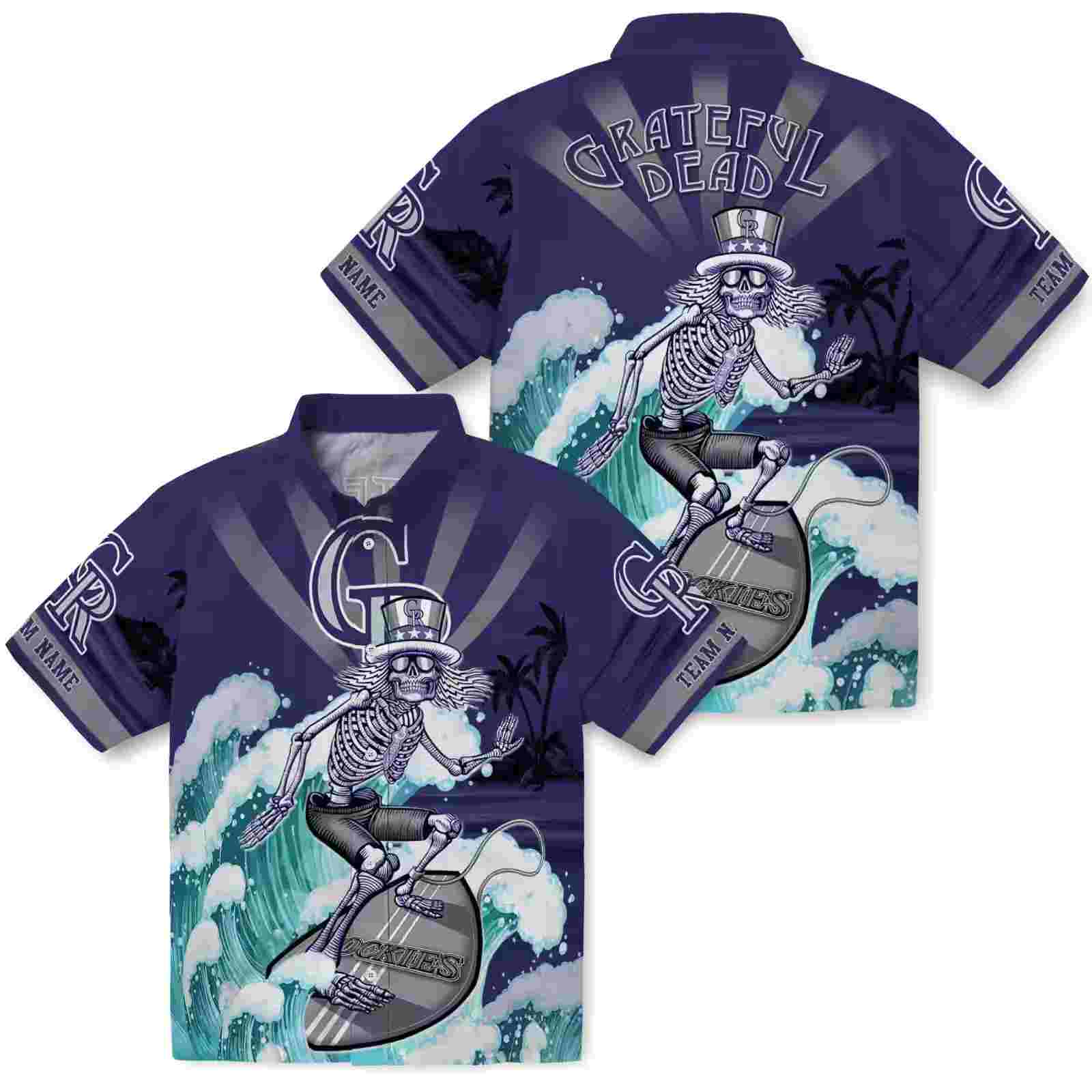 custom colorado rockies surfing skeleton blue hawaiian shirt high quality