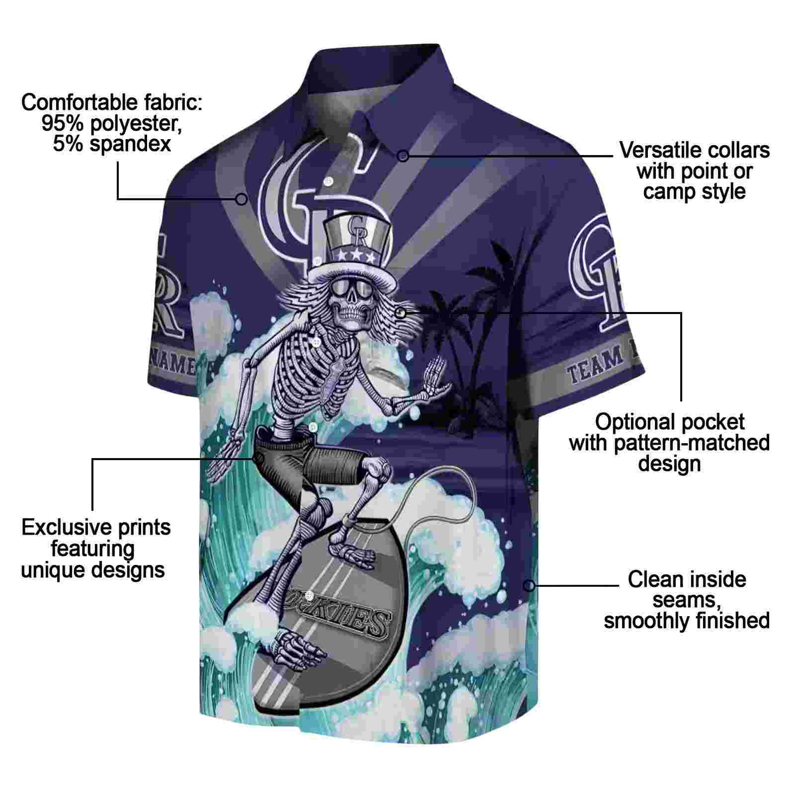 custom colorado rockies surfing skeleton blue hawaiian shirt new arrival