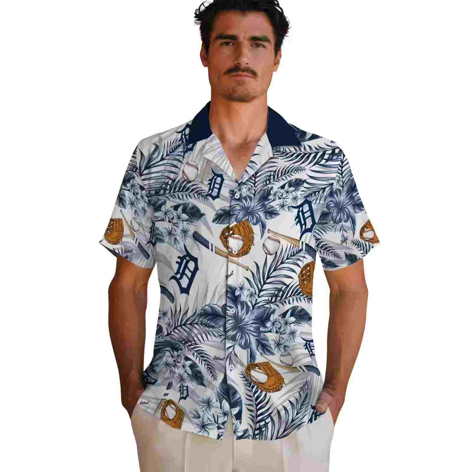 custom detroit tigers floral baseball navy white hawaiian shirt fashion forward