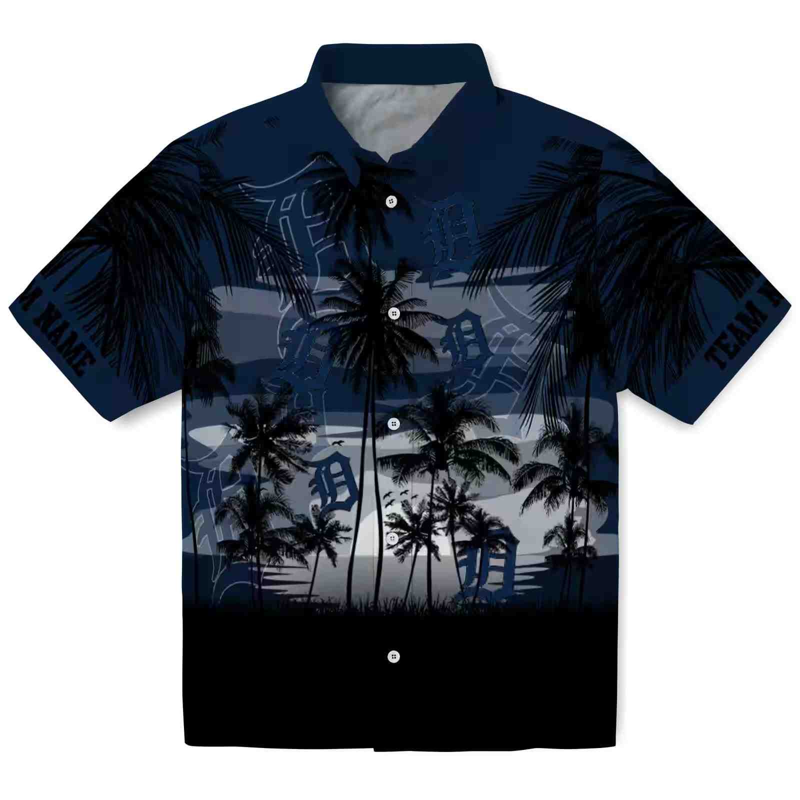 Custom Detroit Tigers Sunset Scene Navy Black Hawaiian Shirt