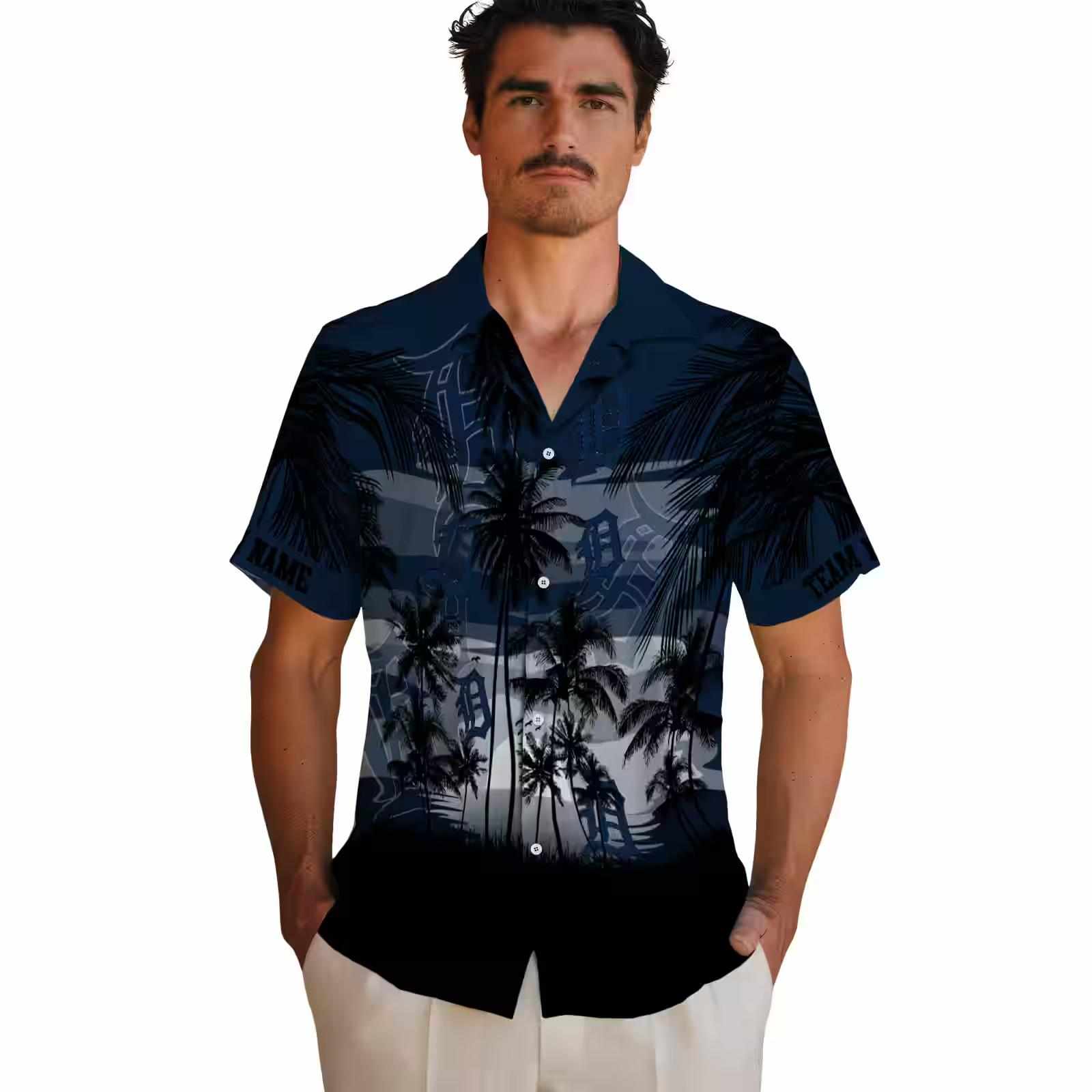 custom detroit tigers sunset scene navy black hawaiian shirt fashion forward