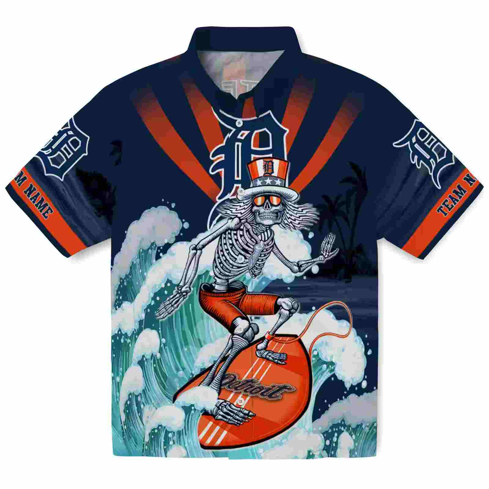 Custom Detroit Tigers Surfing Skeleton Navy Blue Hawaiian Shirt