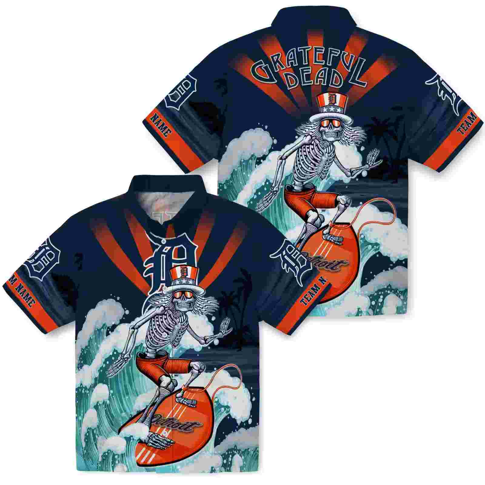 custom detroit tigers surfing skeleton navy blue hawaiian shirt high quality