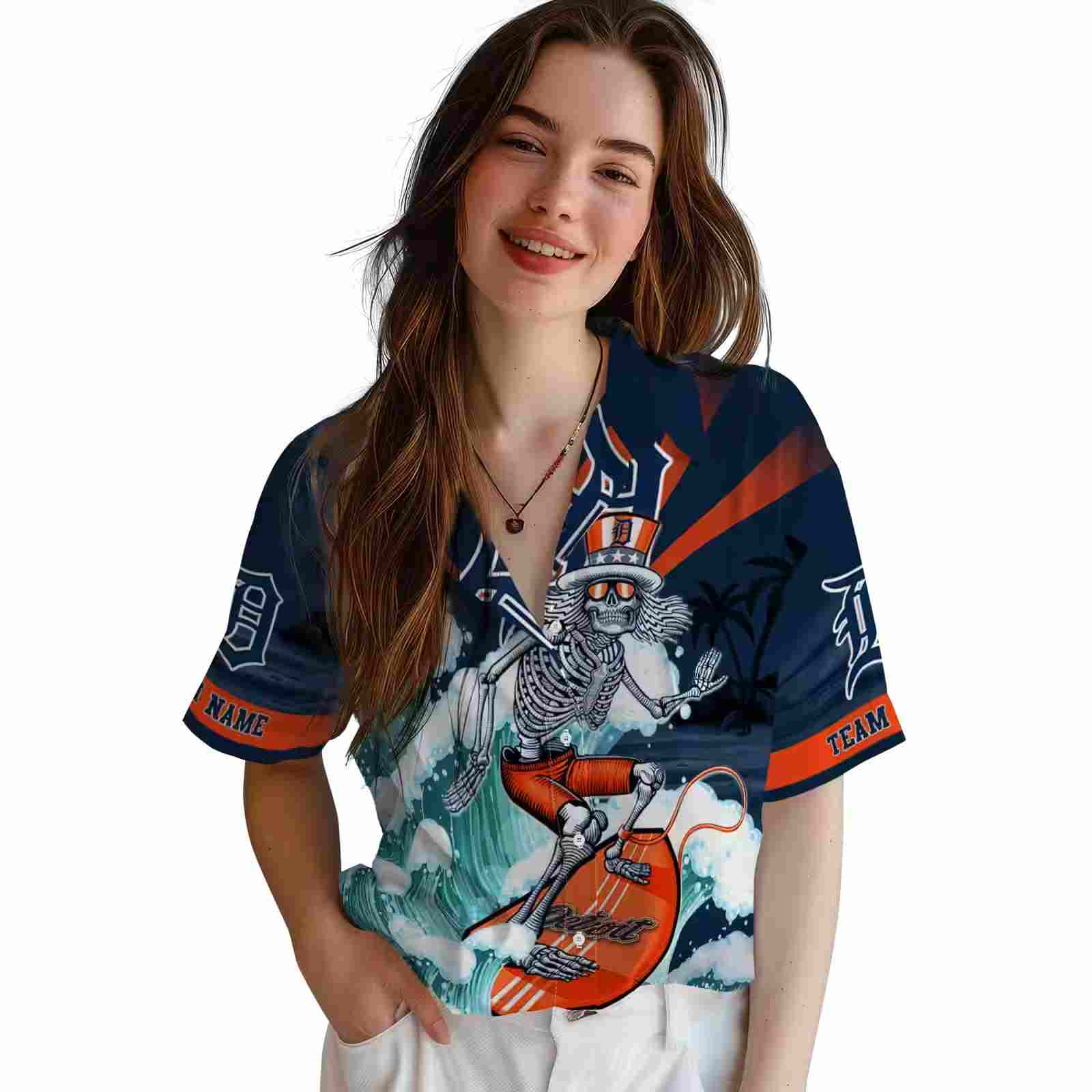 custom detroit tigers surfing skeleton navy blue hawaiian shirt latest model