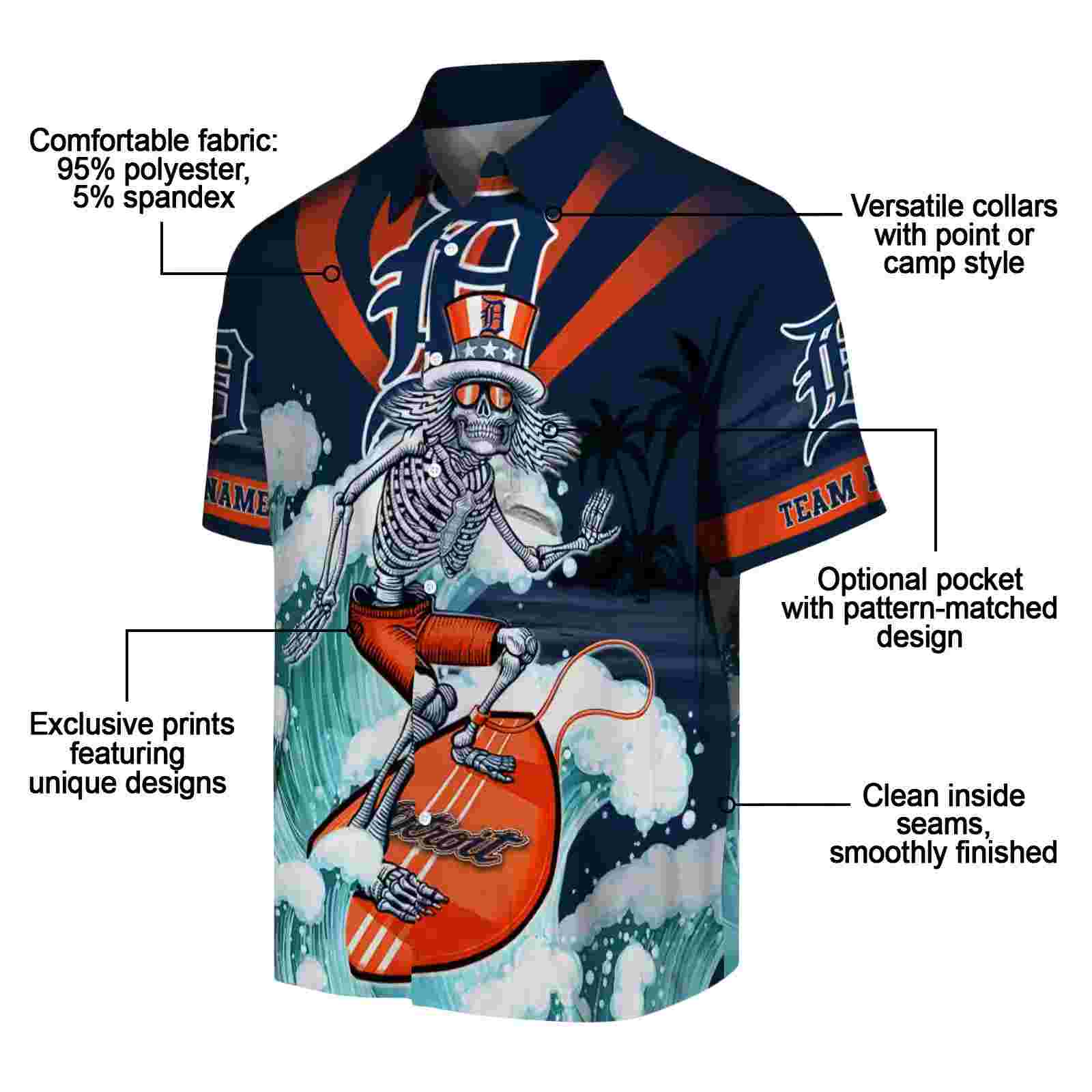 custom detroit tigers surfing skeleton navy blue hawaiian shirt new arrival