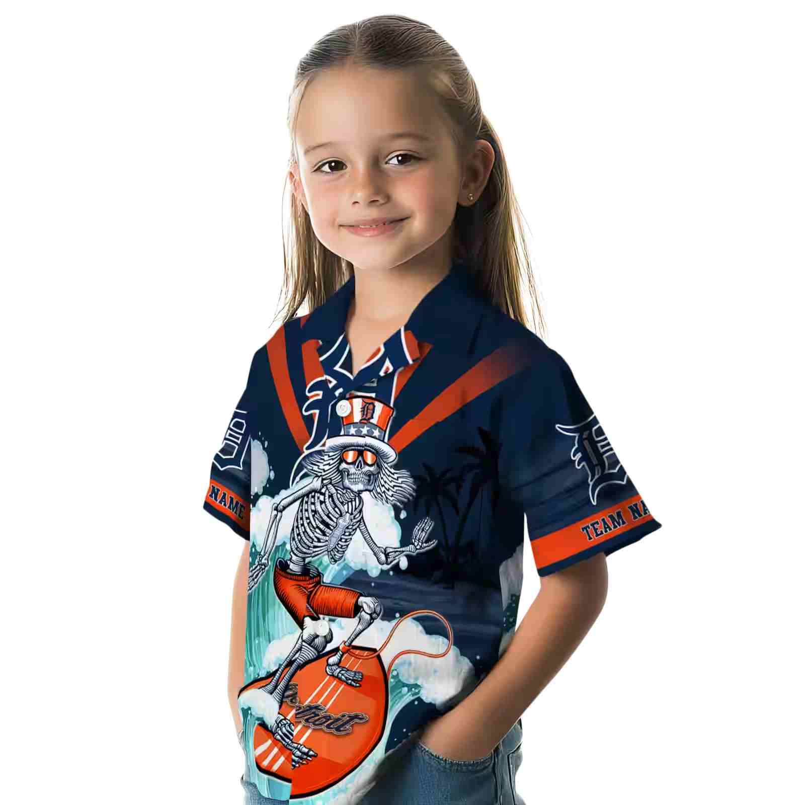 custom detroit tigers surfing skeleton navy blue hawaiian shirt premium grade