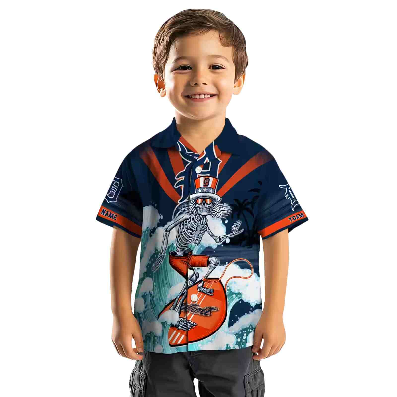 custom detroit tigers surfing skeleton navy blue hawaiian shirt top rated