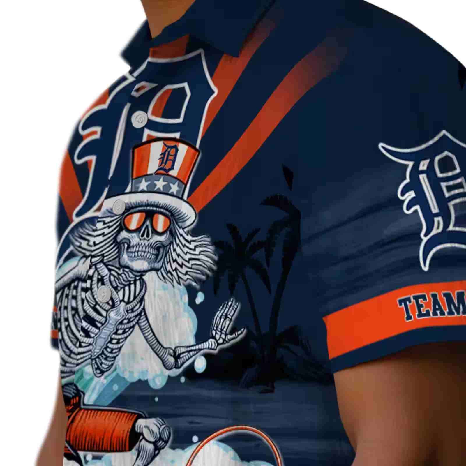 custom detroit tigers surfing skeleton navy blue hawaiian shirt trendy