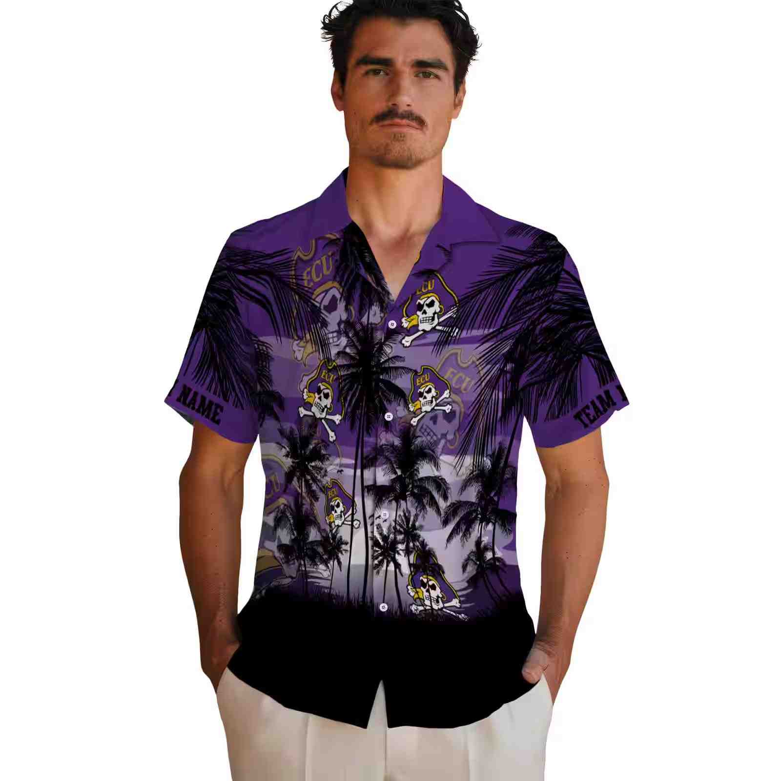 custom east carolina pirates sunset scene purple black hawaiian shirt fashion forward