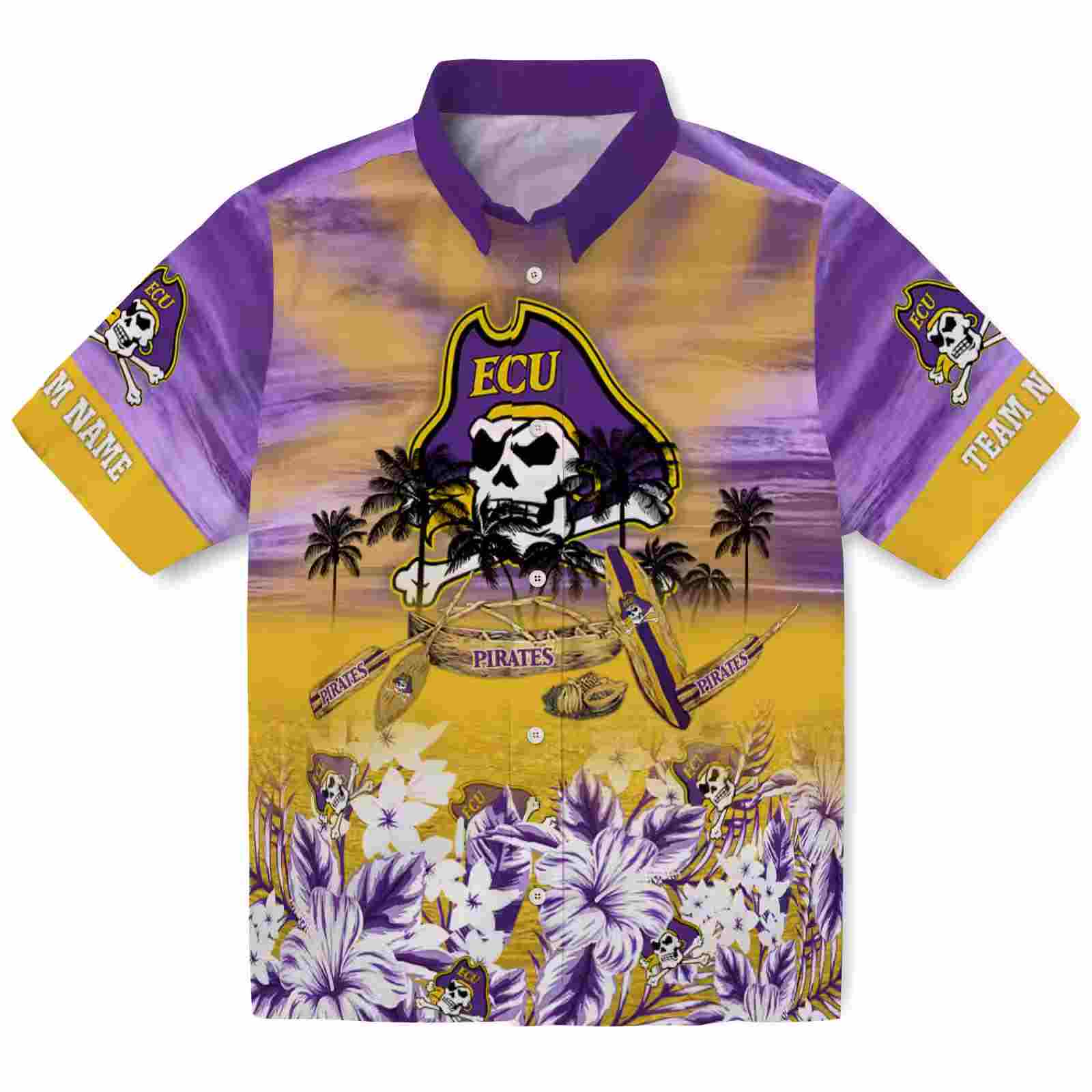 Custom East Carolina Pirates Tropical Canoe Purple Hawaiian Shirt