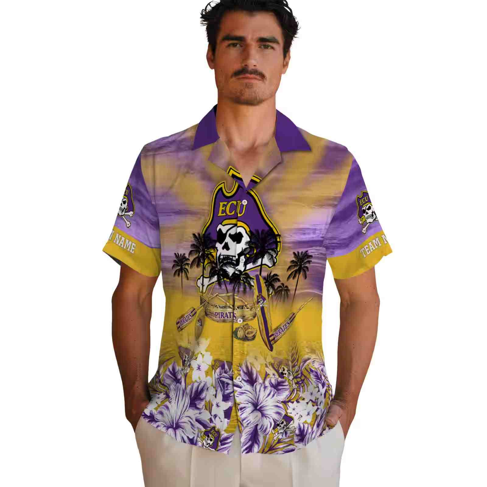 custom east carolina pirates tropical canoe purple hawaiian shirt fashion forward