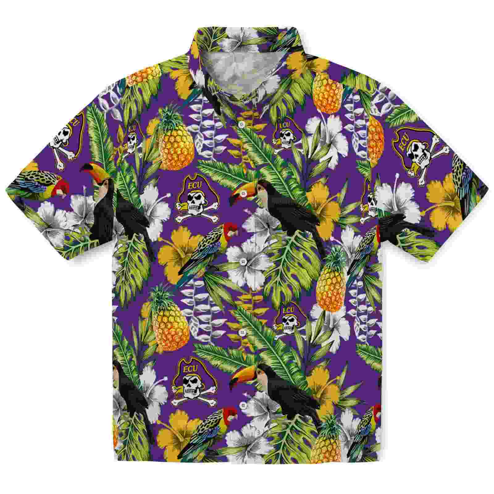 Custom East Carolina Pirates Tropical Toucan Purple Green Hawaiian Shirt