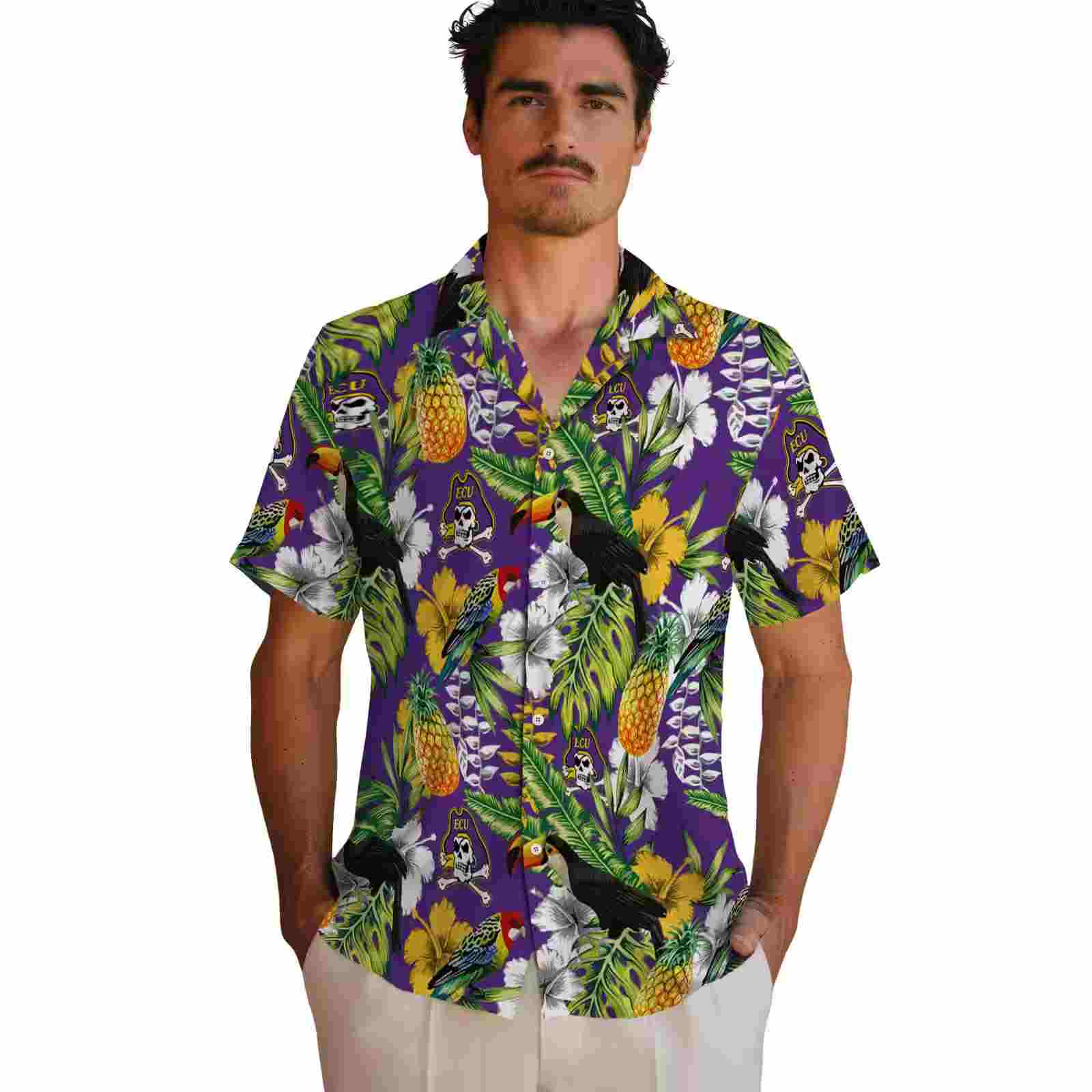 custom east carolina pirates tropical toucan purple green hawaiian shirt fashion forward