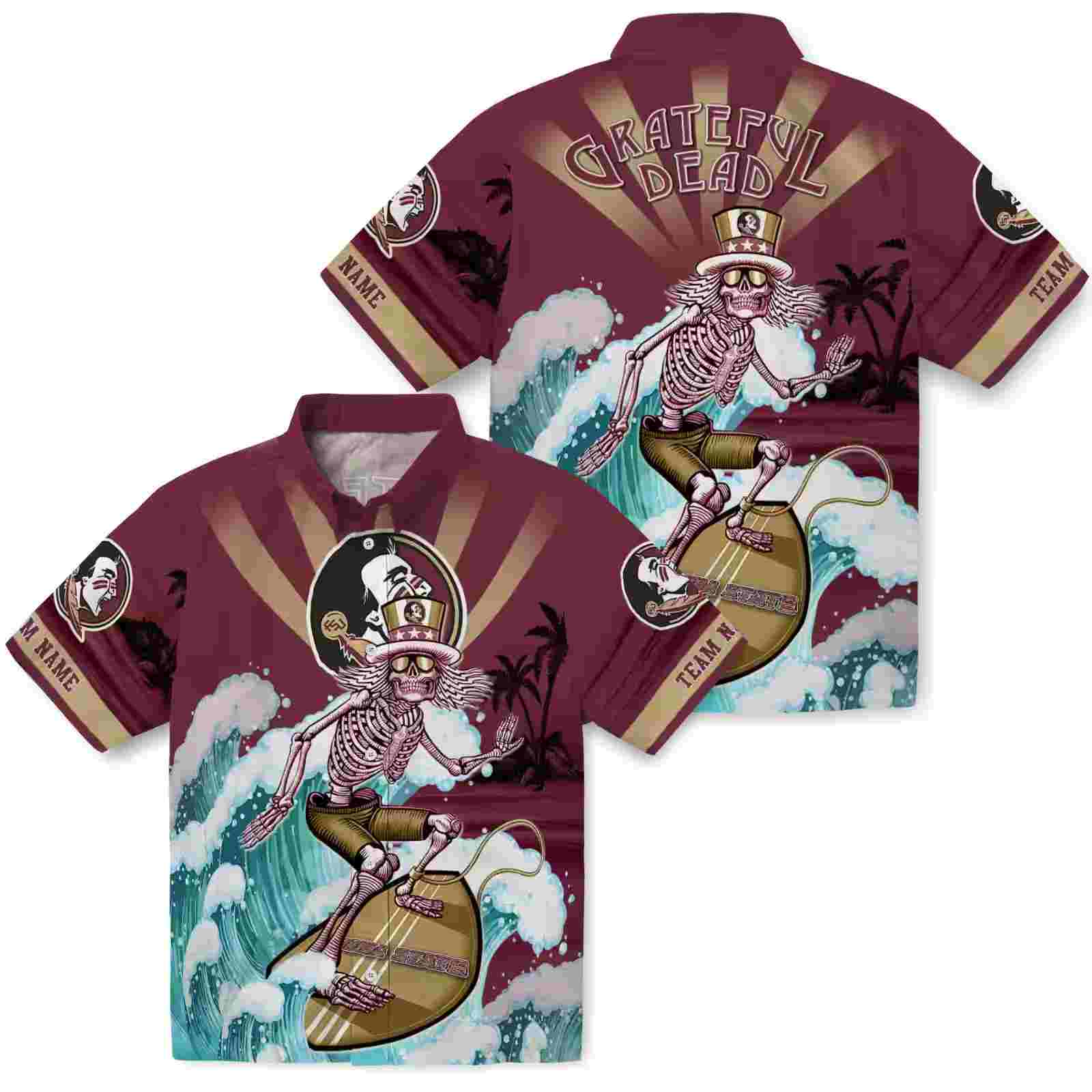 custom florida state seminoles surfing skeleton garnet blue hawaiian shirt high quality