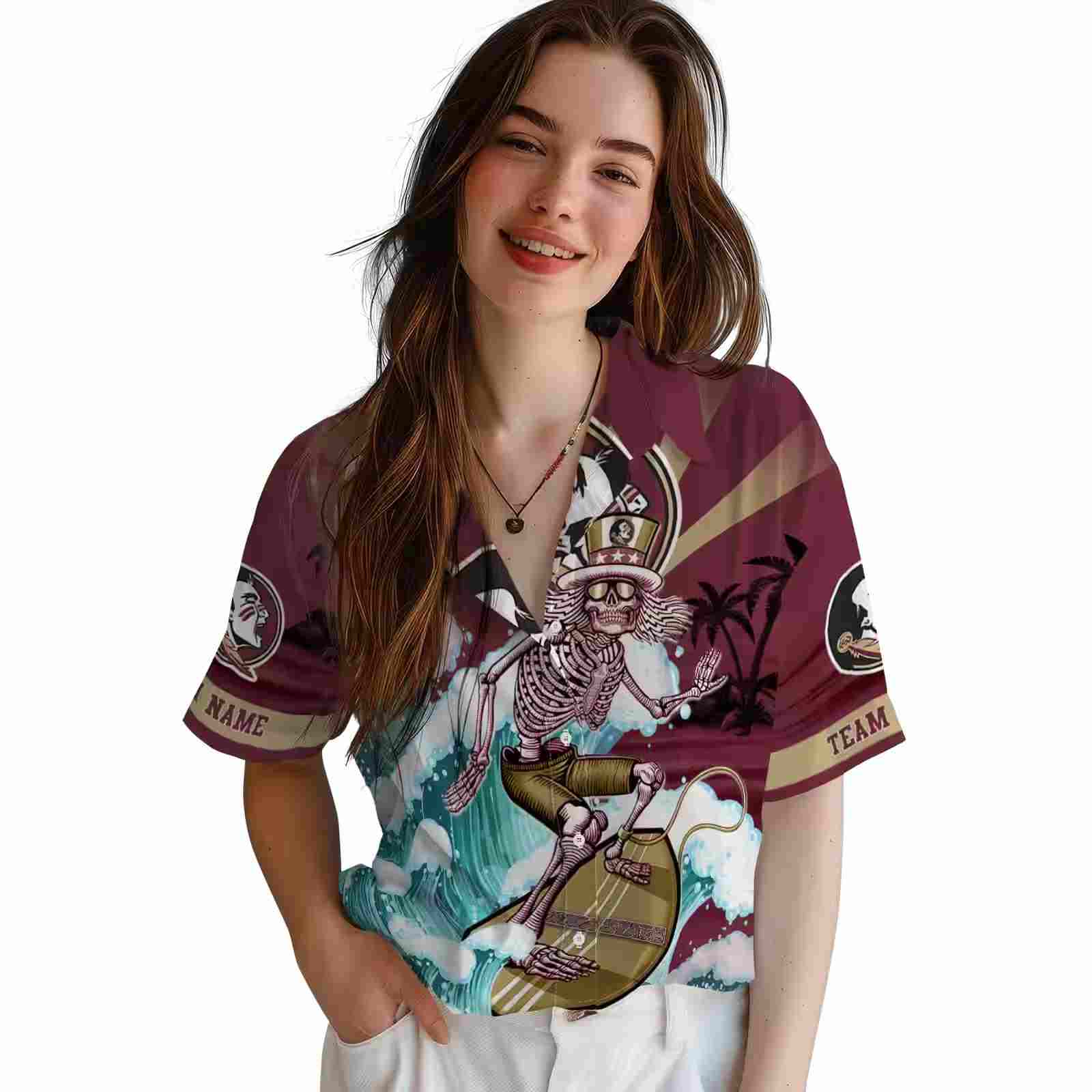 custom florida state seminoles surfing skeleton garnet blue hawaiian shirt latest model