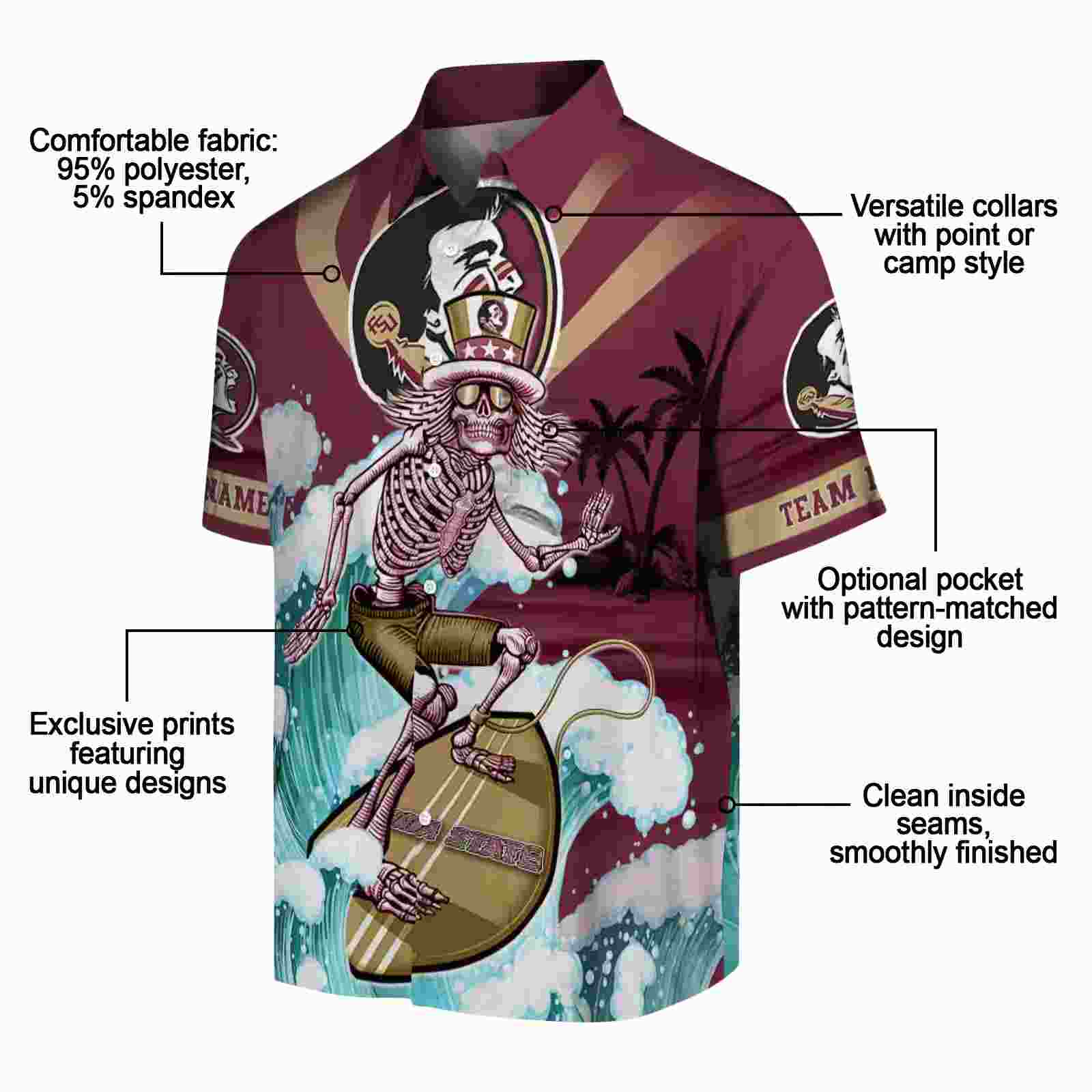 custom florida state seminoles surfing skeleton garnet blue hawaiian shirt new arrival