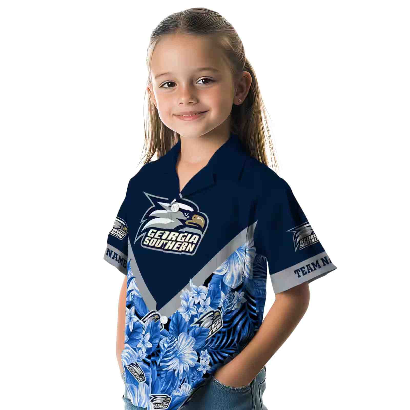 custom georgia southern eagles floral chevron blue hawaiian shirt premium grade