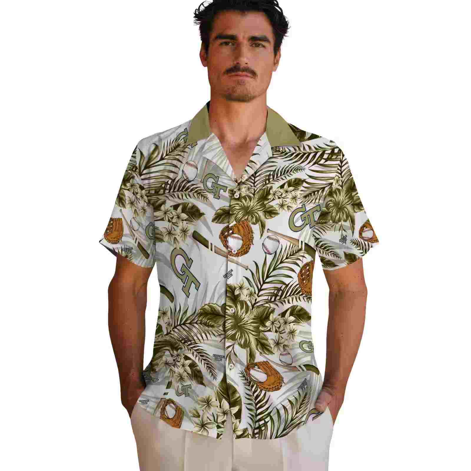 custom georgia tech yellow jackets floral baseball gold white hawaiian shirt fashion forward