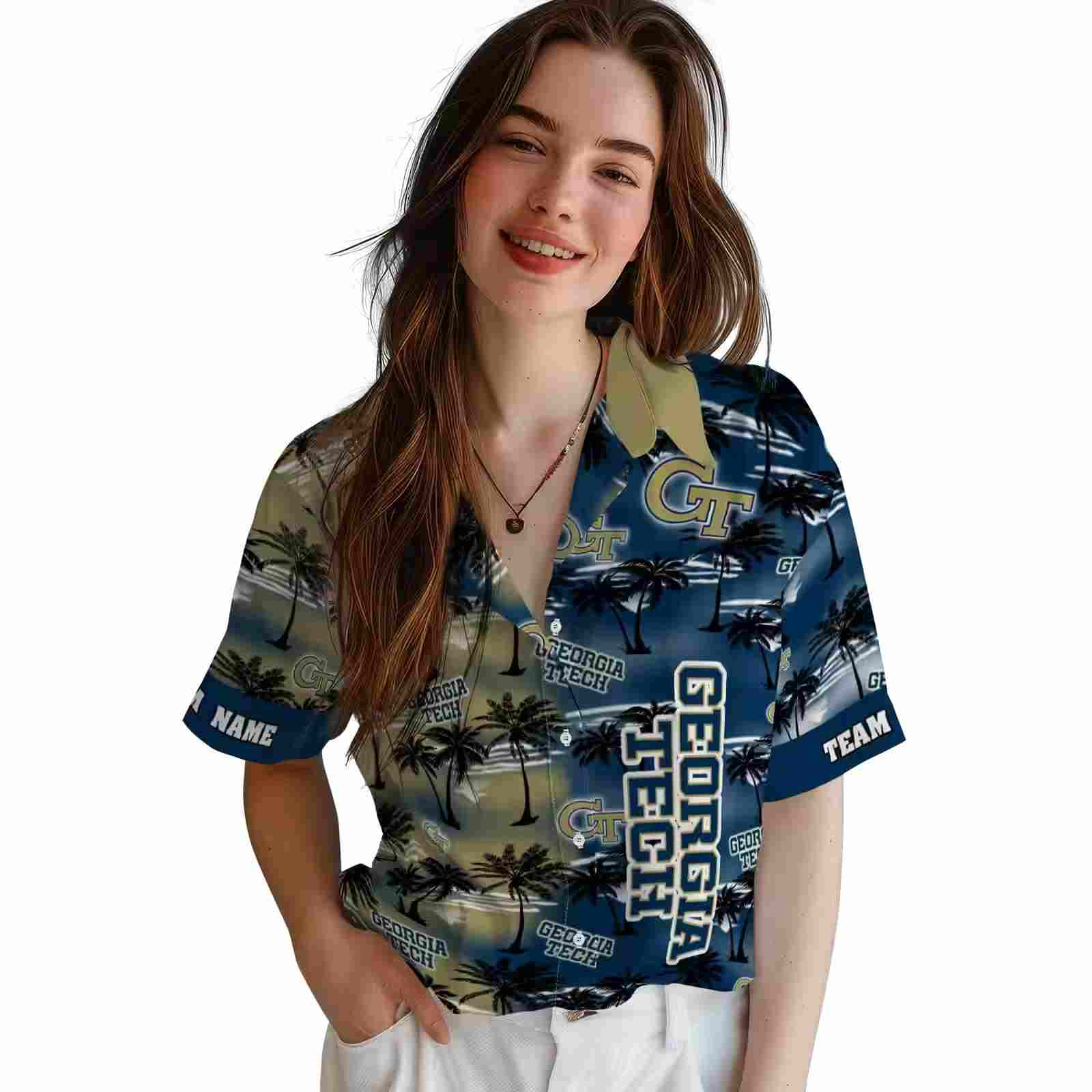 custom georgia tech yellow jackets palm silhouettes gold hawaiian shirt latest model