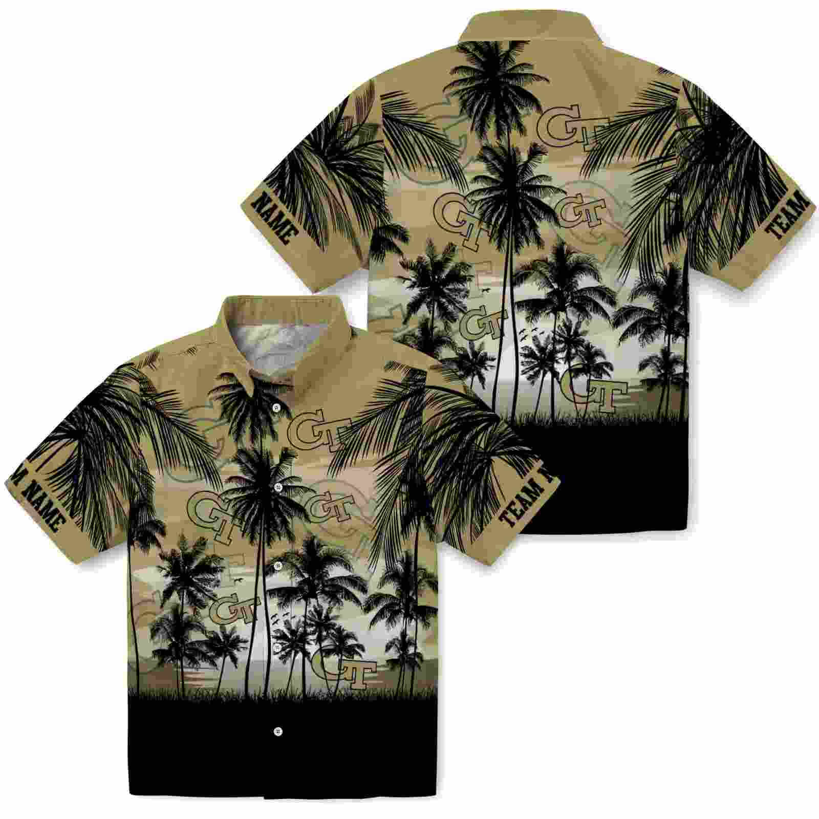 custom georgia tech yellow jackets sunset scene gold black hawaiian shirt high quality