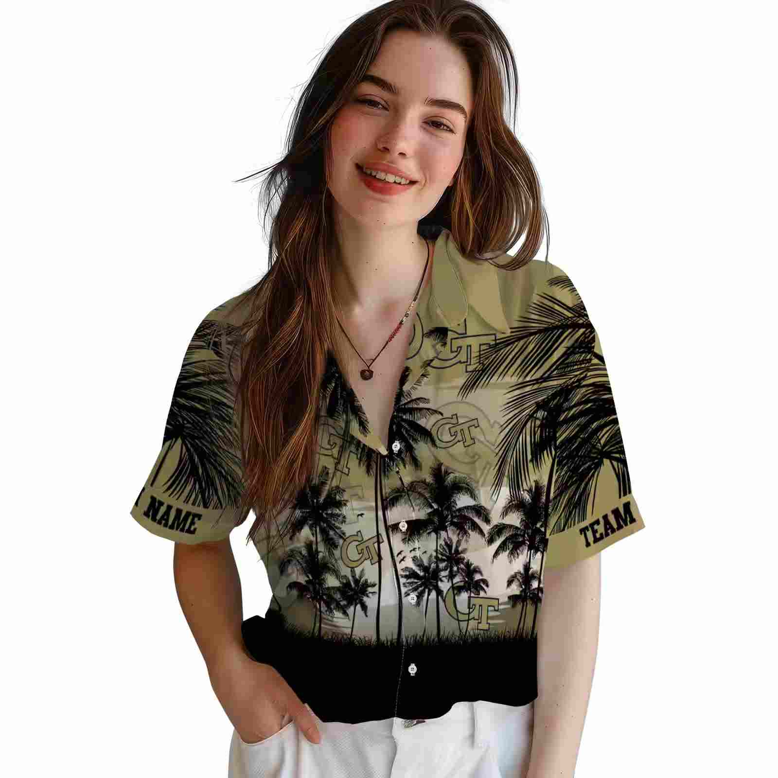 custom georgia tech yellow jackets sunset scene gold black hawaiian shirt latest model