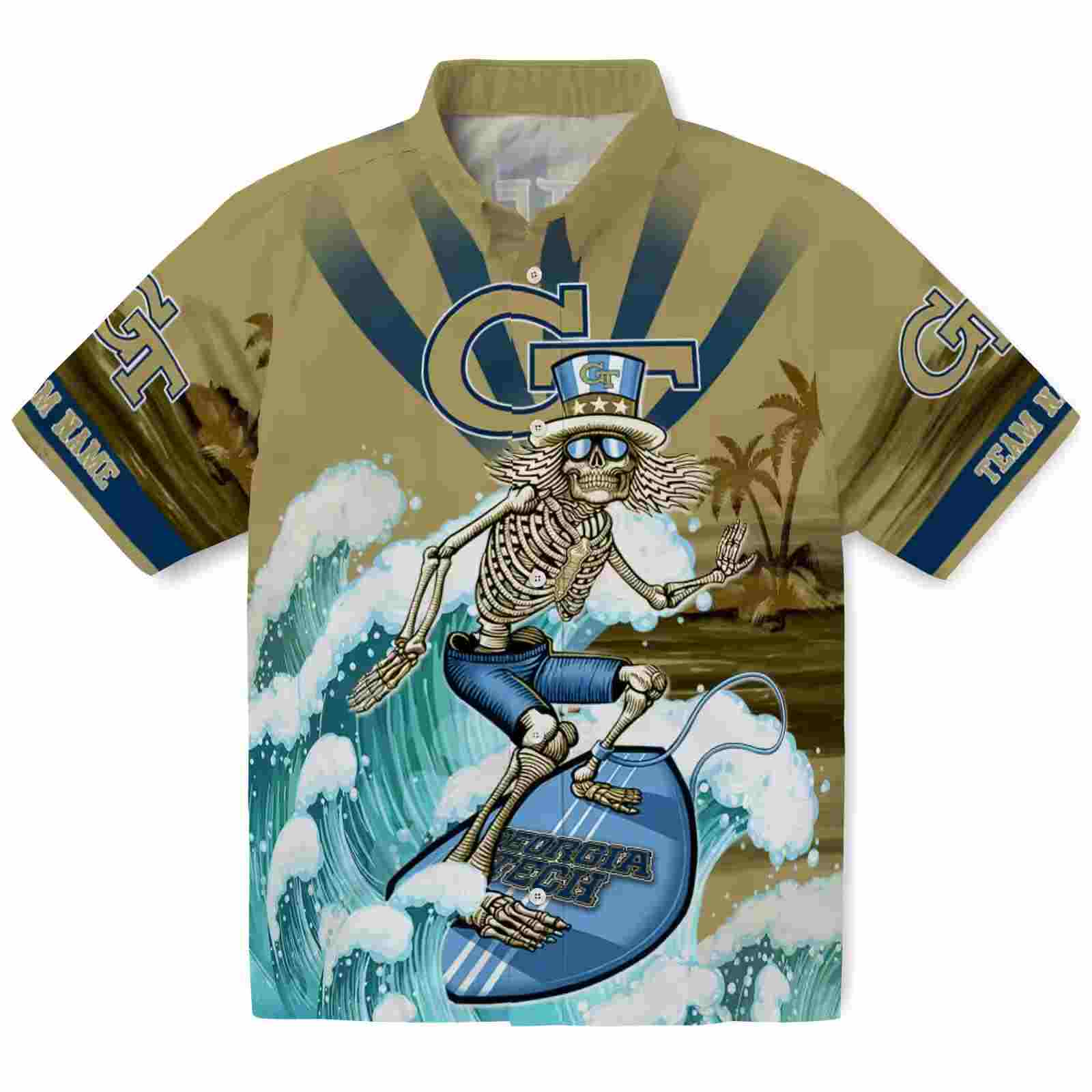 Custom Georgia Tech Yellow Jackets Surfing Skeleton Gold Blue Hawaiian Shirt