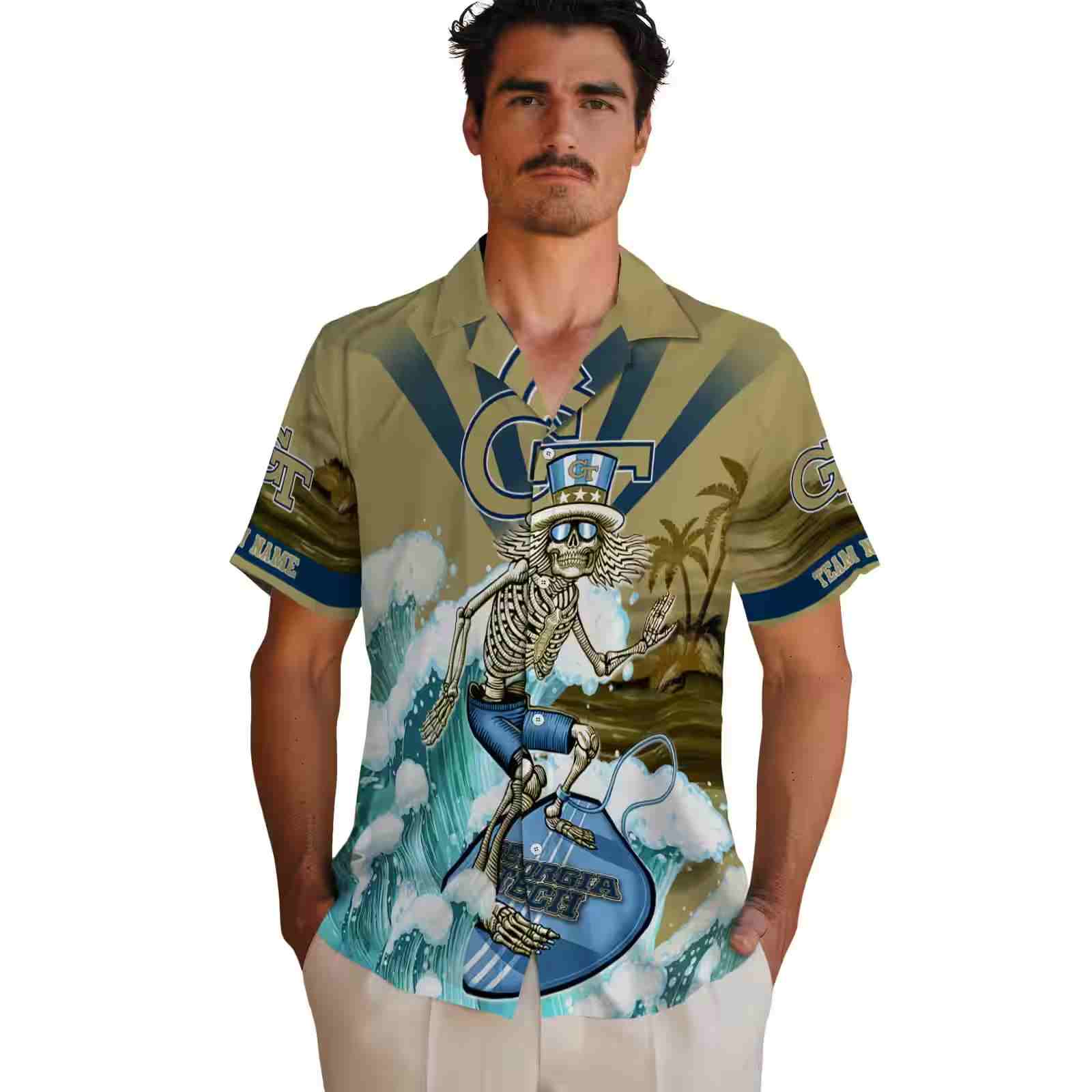 custom georgia tech yellow jackets surfing skeleton gold blue hawaiian shirt fashion forward