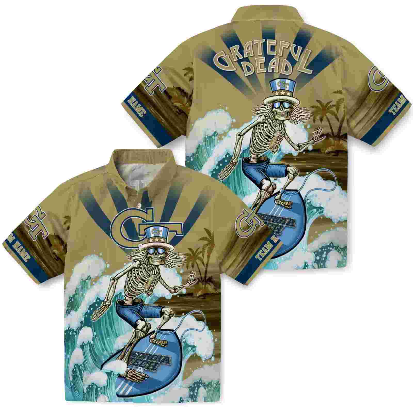 custom georgia tech yellow jackets surfing skeleton gold blue hawaiian shirt high quality