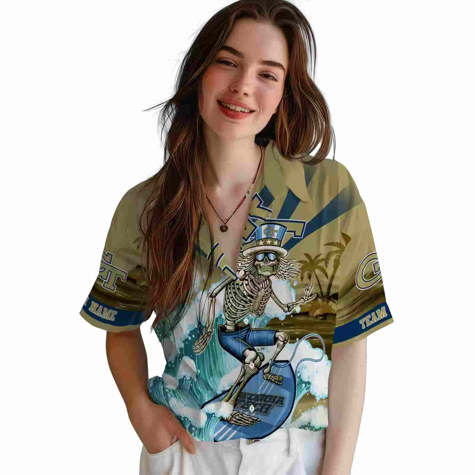 custom georgia tech yellow jackets surfing skeleton gold blue hawaiian shirt latest model