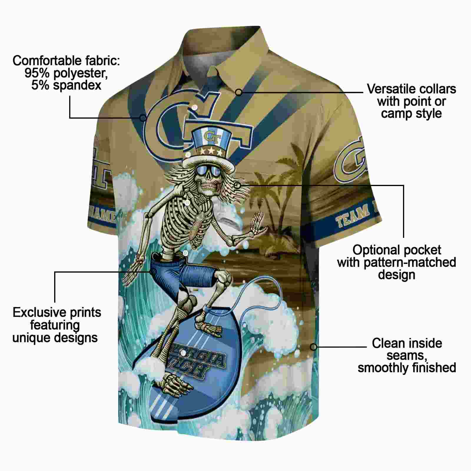 custom georgia tech yellow jackets surfing skeleton gold blue hawaiian shirt new arrival