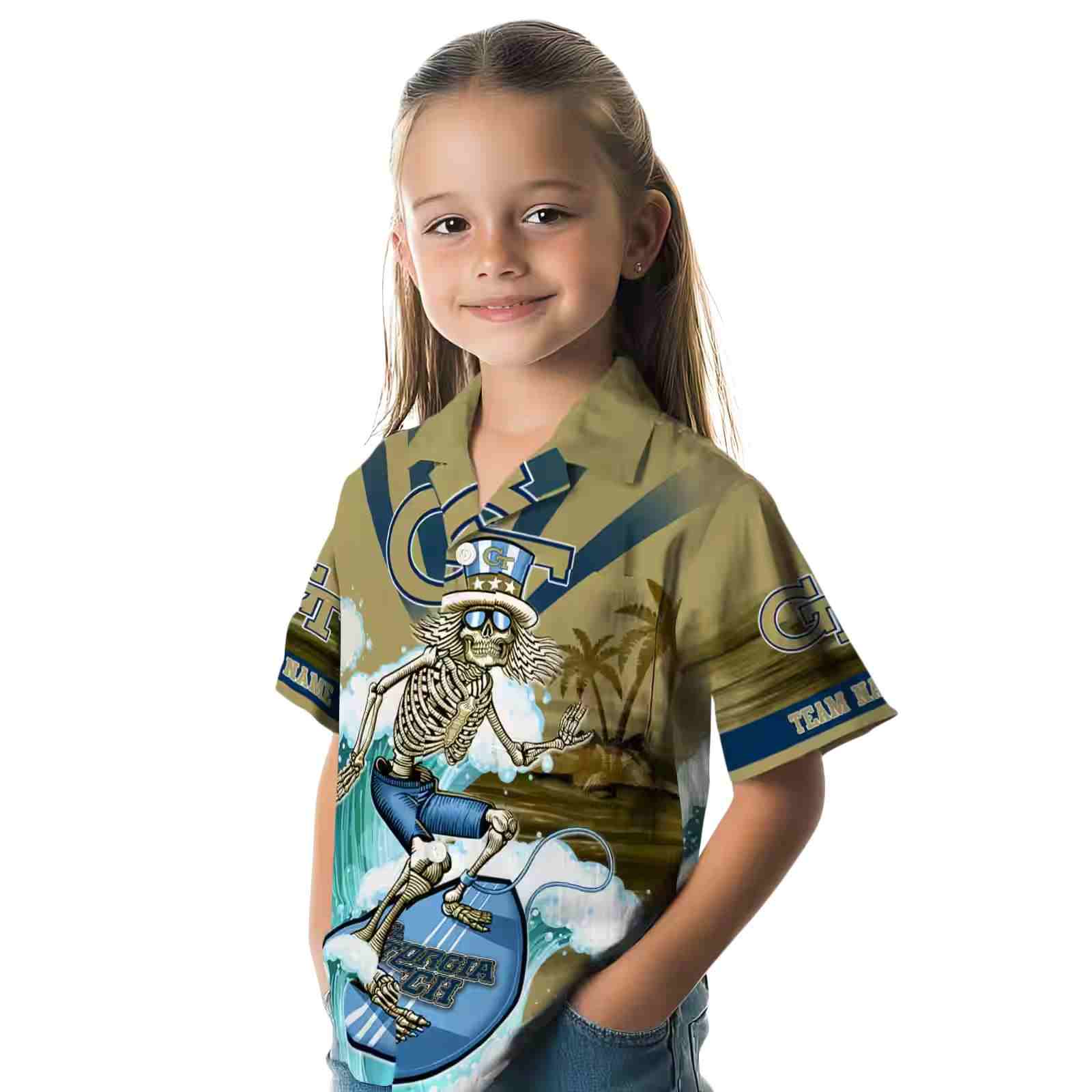 custom georgia tech yellow jackets surfing skeleton gold blue hawaiian shirt premium grade