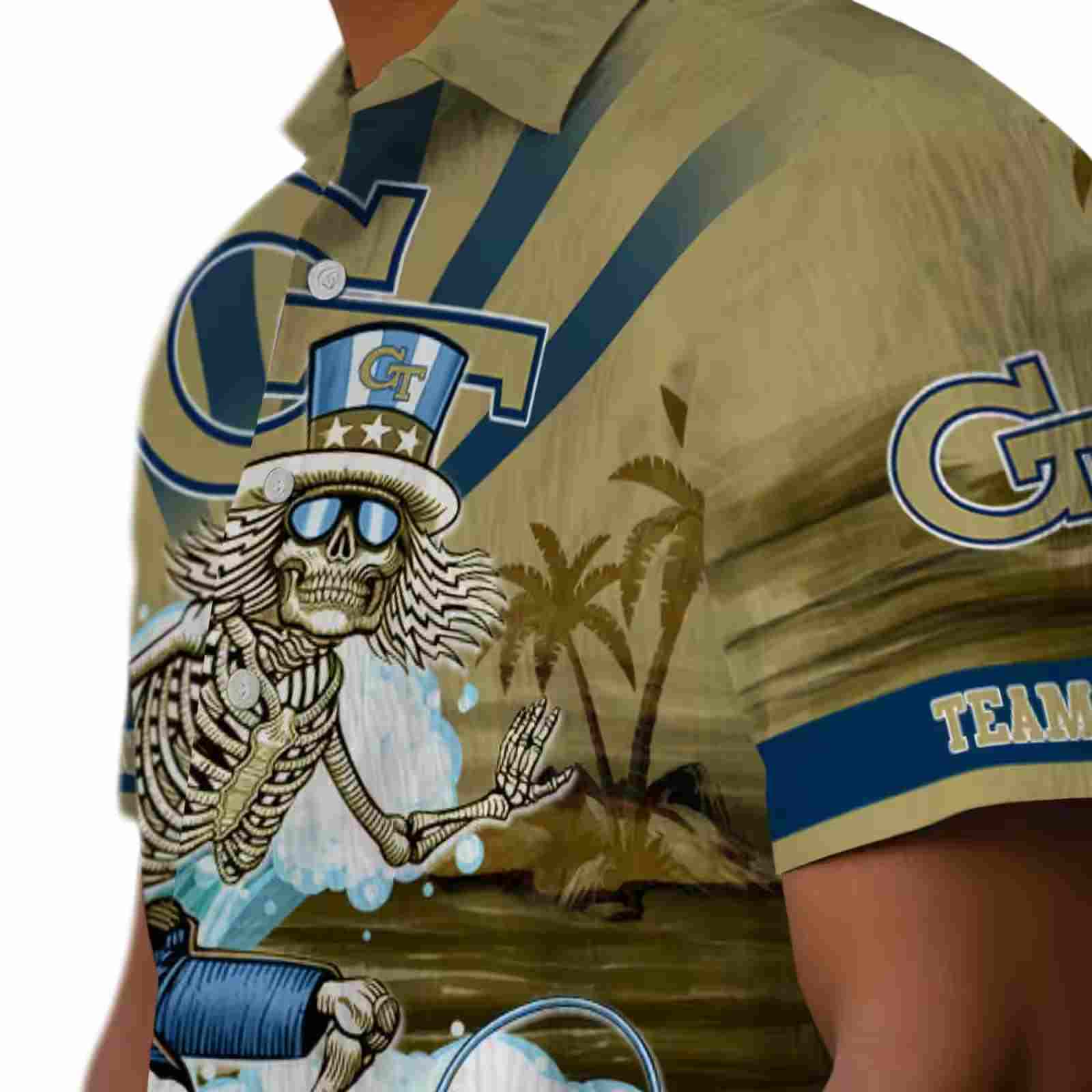 custom georgia tech yellow jackets surfing skeleton gold blue hawaiian shirt trendy