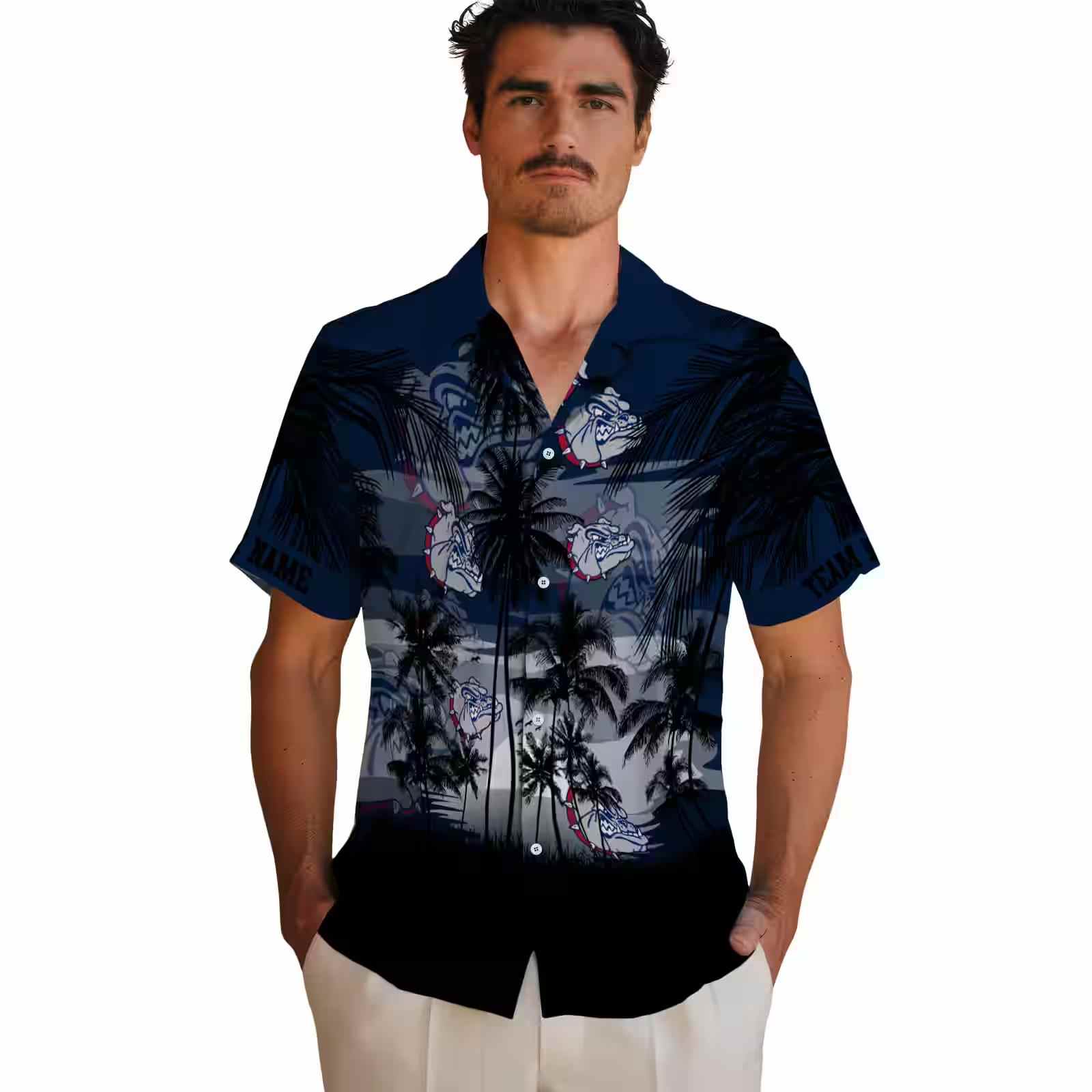 custom gonzaga bulldogs sunset scene blue black hawaiian shirt fashion forward