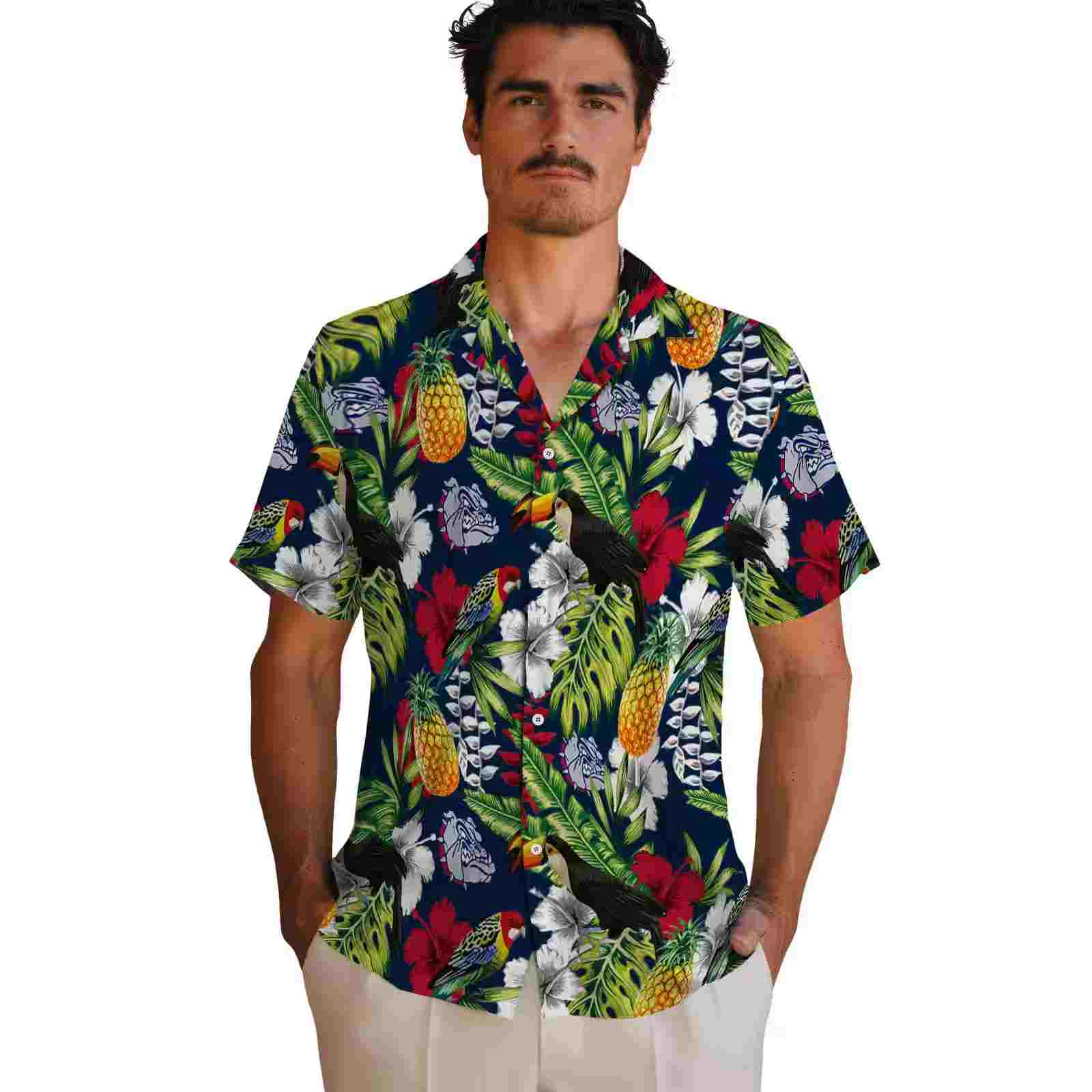 custom gonzaga bulldogs tropical toucan blue green hawaiian shirt fashion forward