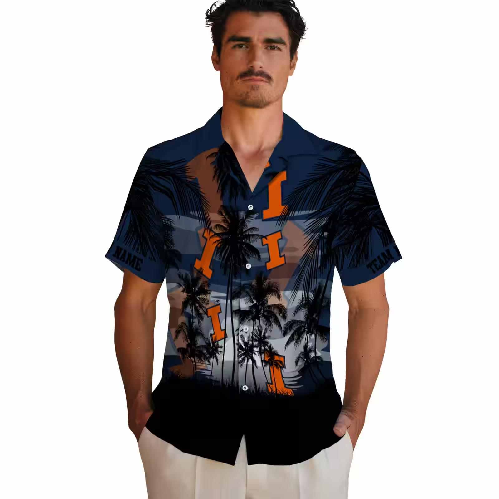 custom illinois fighting illini sunset scene blue black hawaiian shirt fashion forward