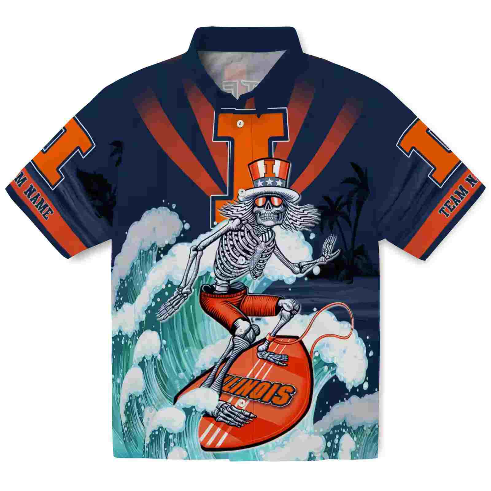 Custom Illinois Fighting Illini Surfing Skeleton Blue Hawaiian Shirt