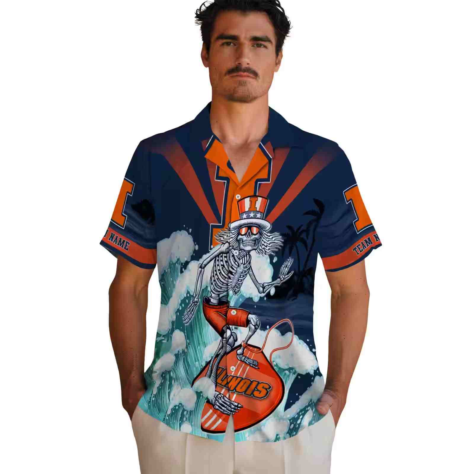 custom illinois fighting illini surfing skeleton blue hawaiian shirt fashion forward