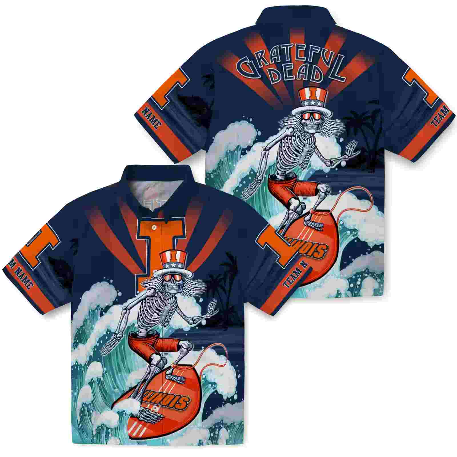 custom illinois fighting illini surfing skeleton blue hawaiian shirt high quality