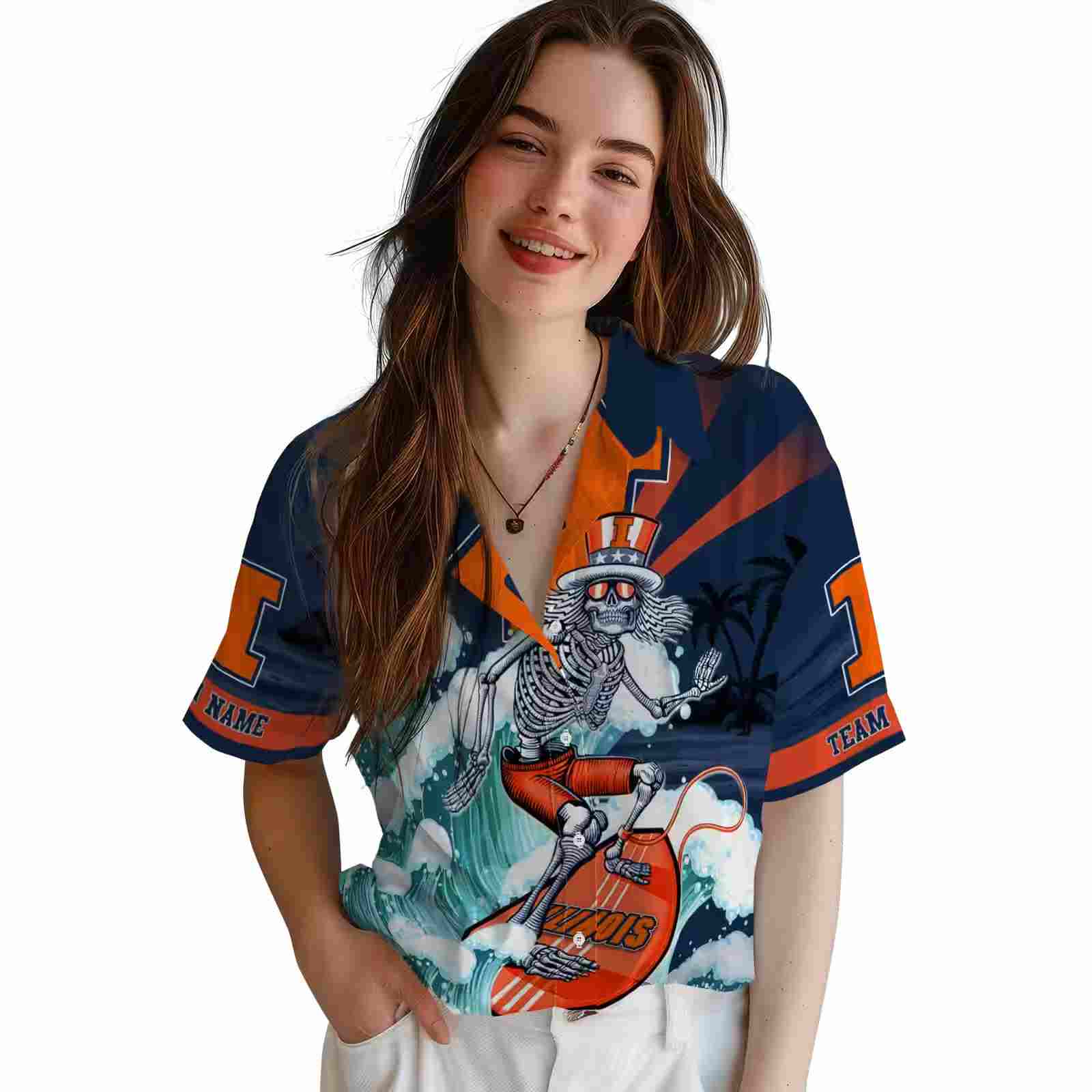 custom illinois fighting illini surfing skeleton blue hawaiian shirt latest model