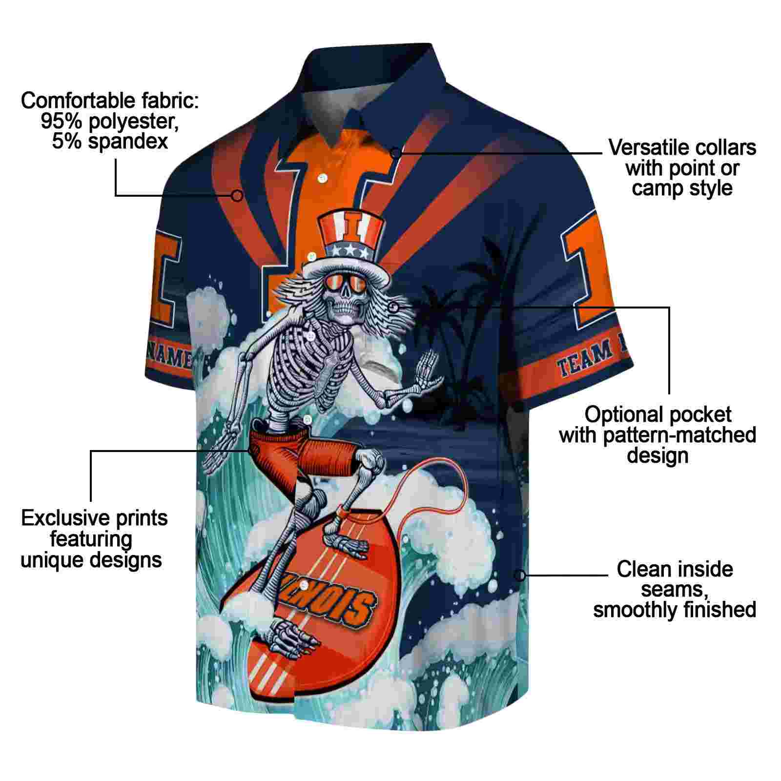 custom illinois fighting illini surfing skeleton blue hawaiian shirt new arrival