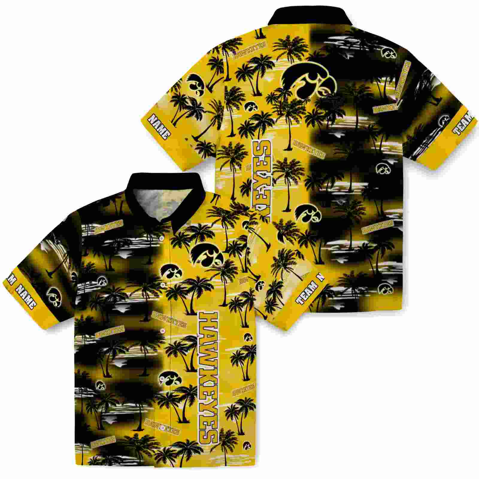 custom iowa hawkeyes palm silhouettes black hawaiian shirt high quality