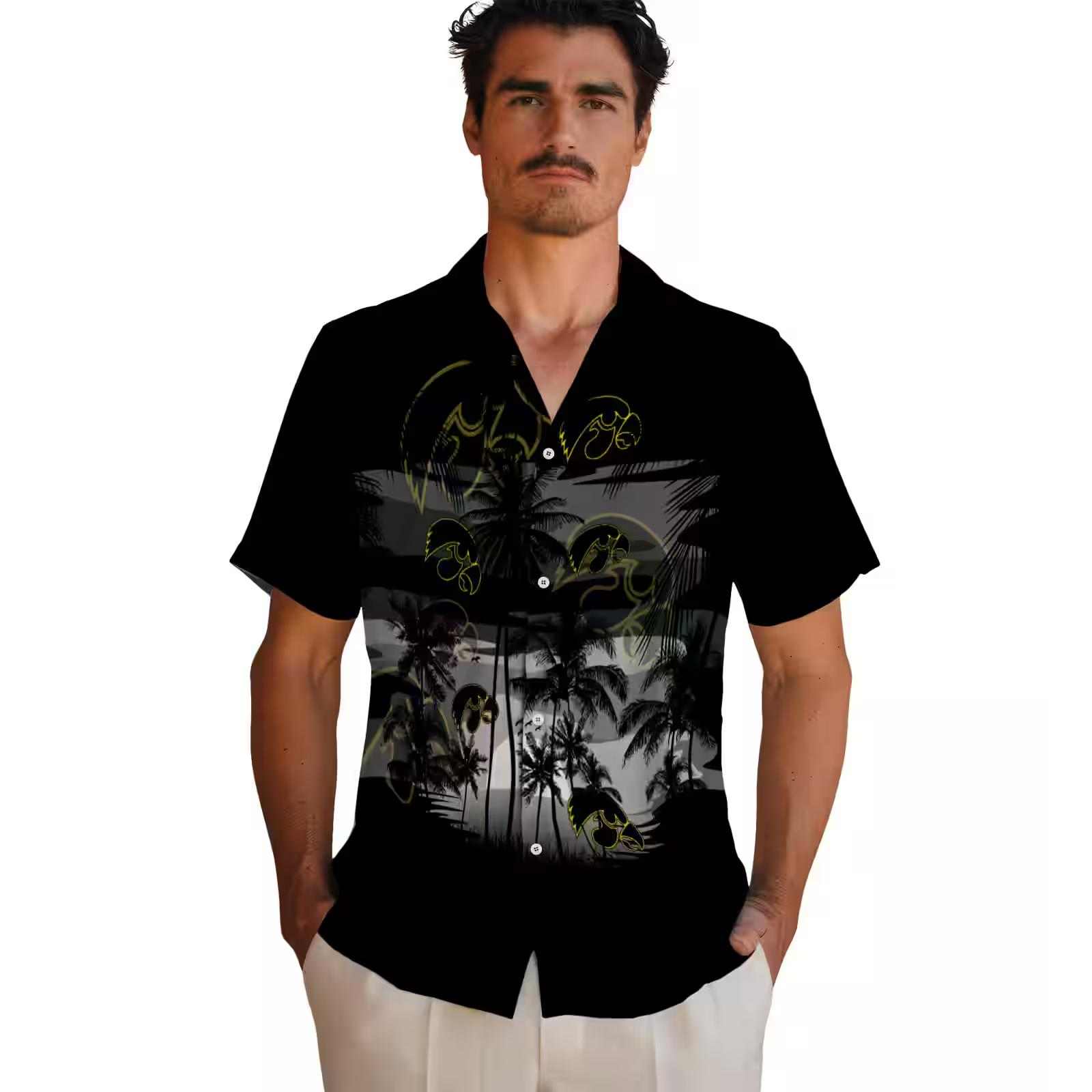 custom iowa hawkeyes sunset scene black hawaiian shirt fashion forward