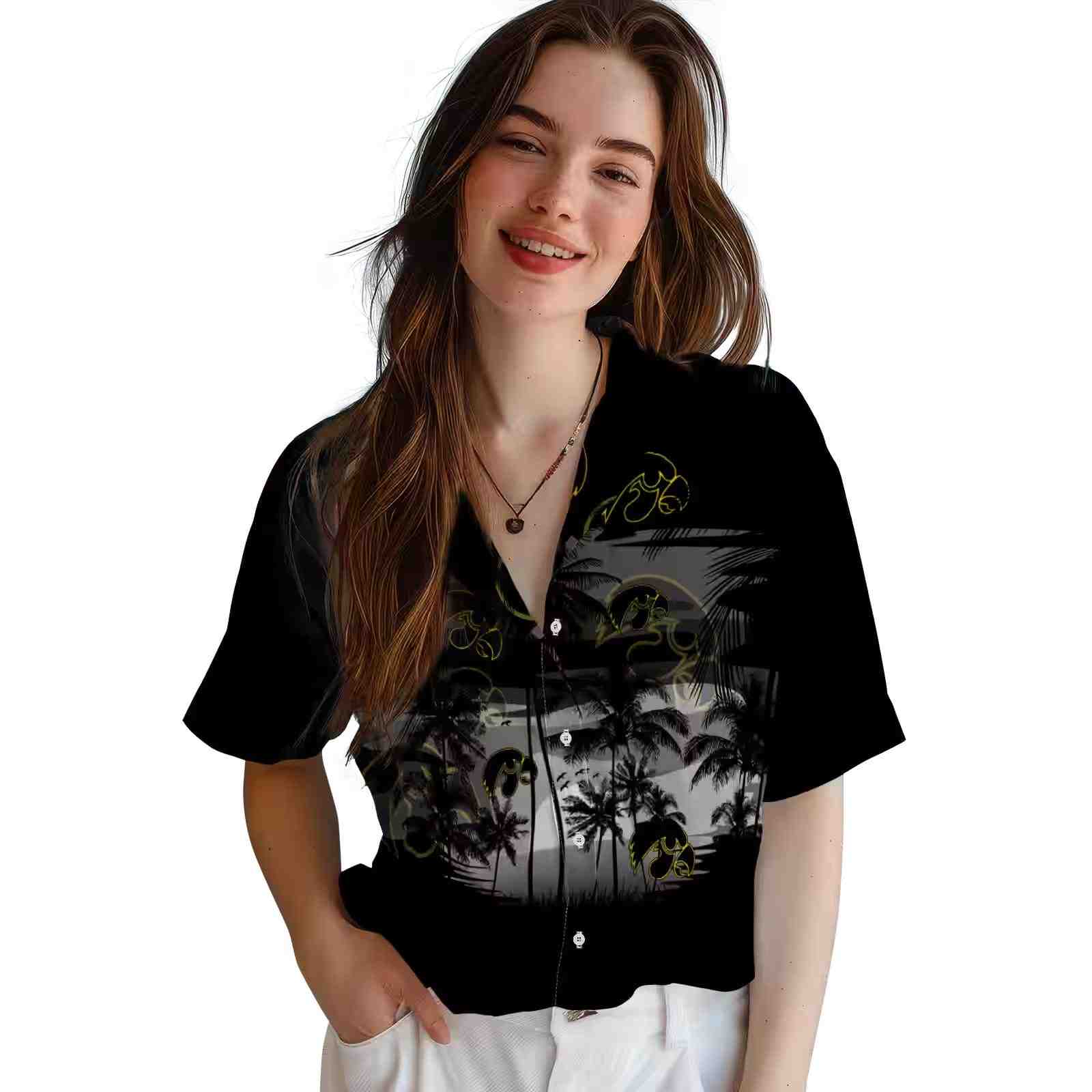 custom iowa hawkeyes sunset scene black hawaiian shirt latest model