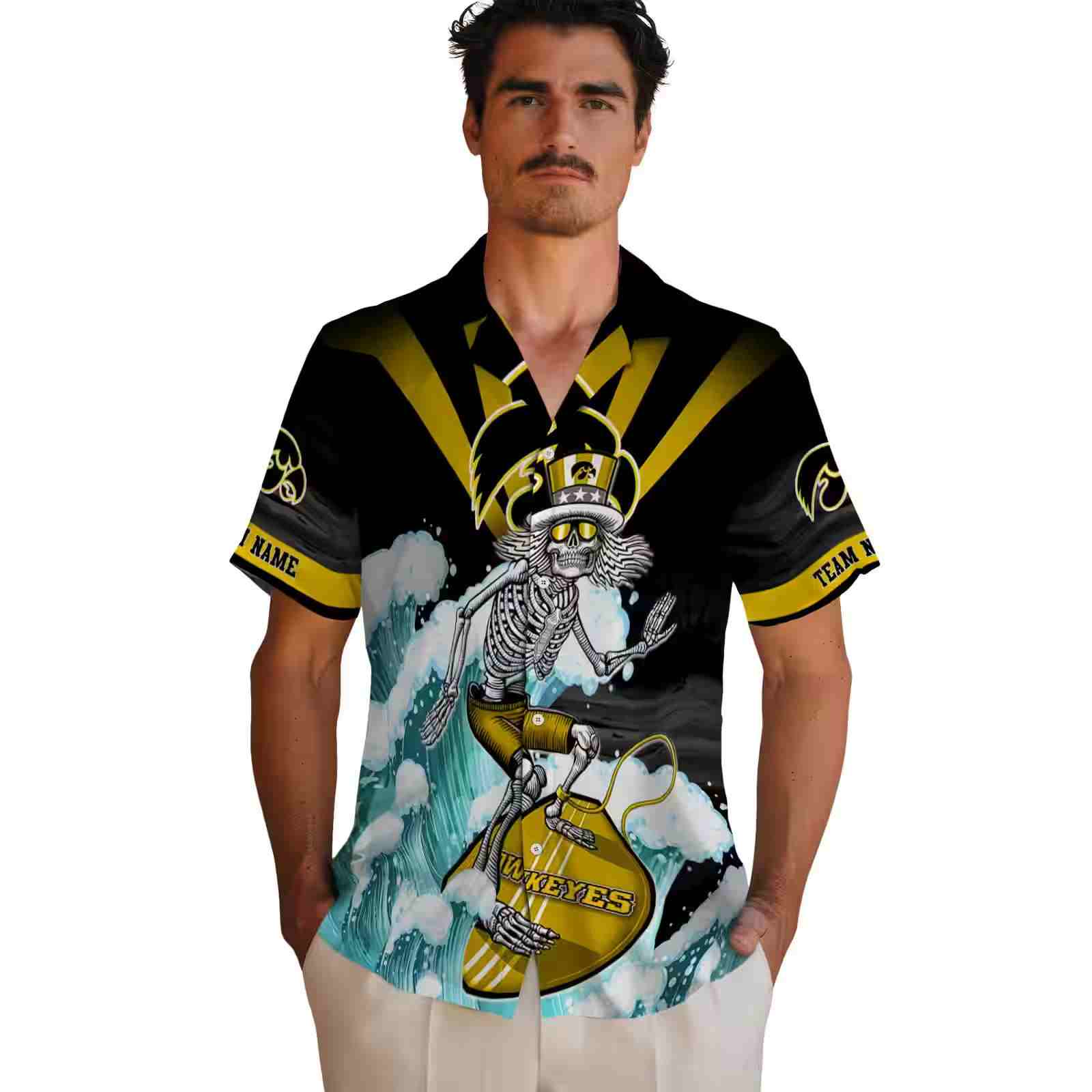 custom iowa hawkeyes surfing skeleton black blue hawaiian shirt fashion forward