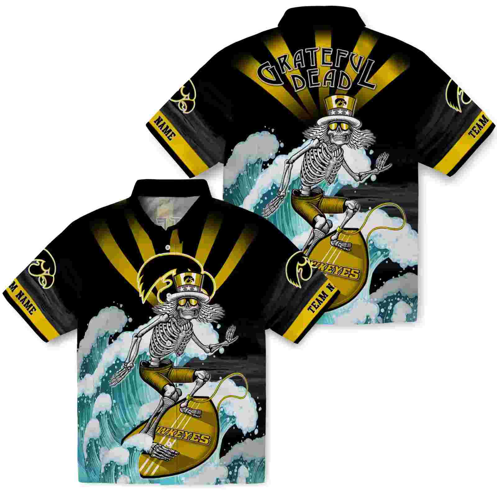 custom iowa hawkeyes surfing skeleton black blue hawaiian shirt high quality