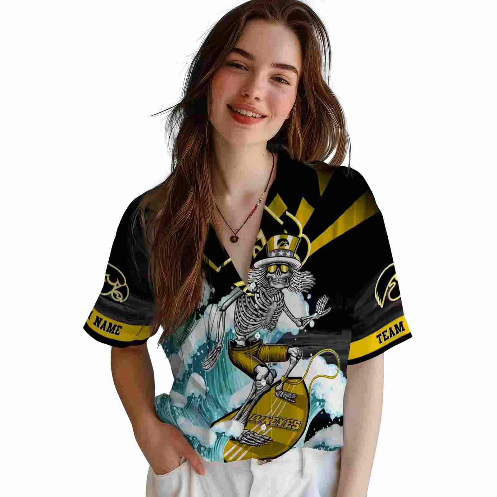 custom iowa hawkeyes surfing skeleton black blue hawaiian shirt latest model