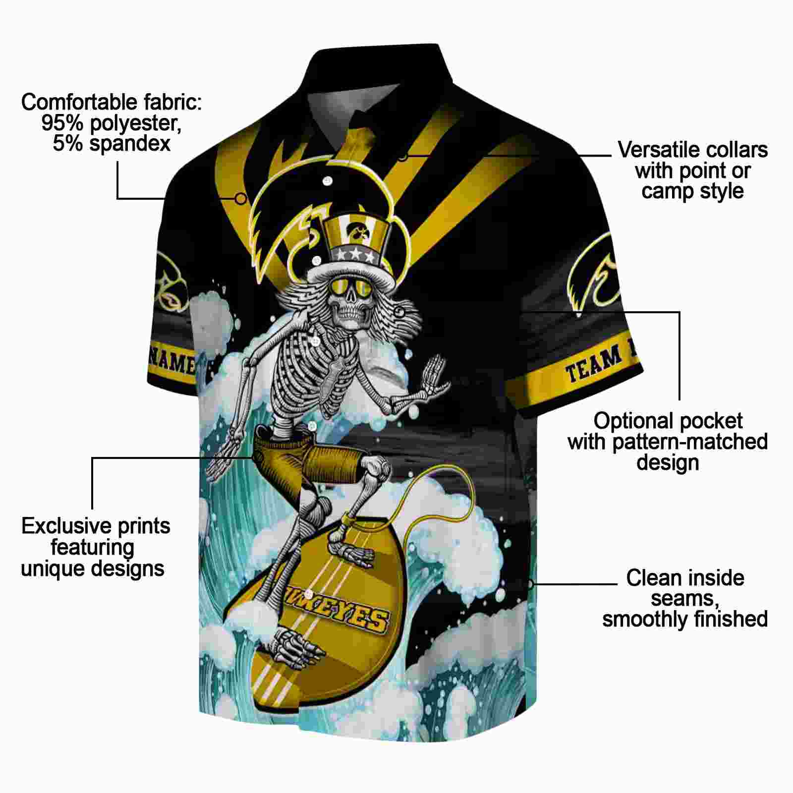 custom iowa hawkeyes surfing skeleton black blue hawaiian shirt new arrival